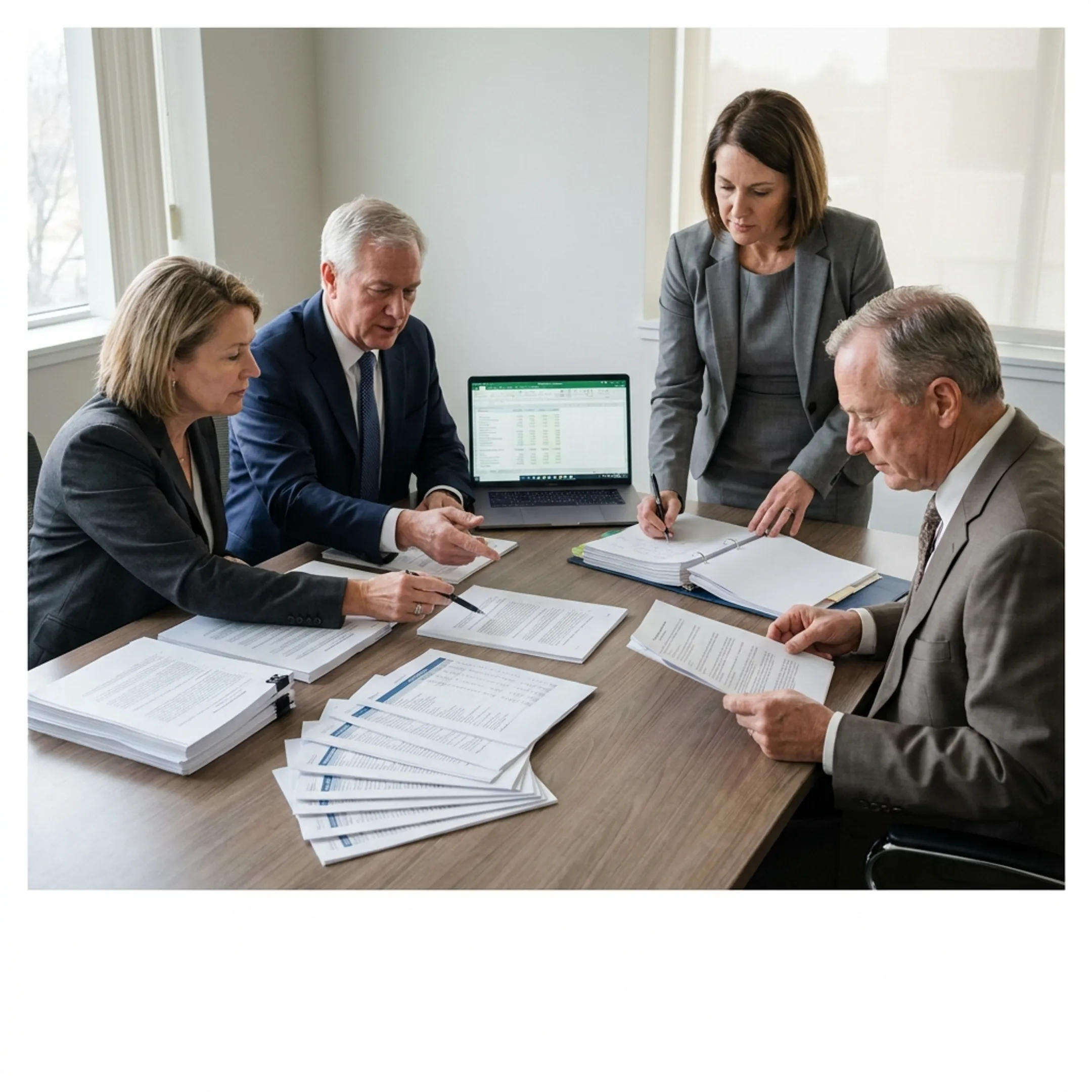 Finance advisors reviewing transaction documents with company leadership