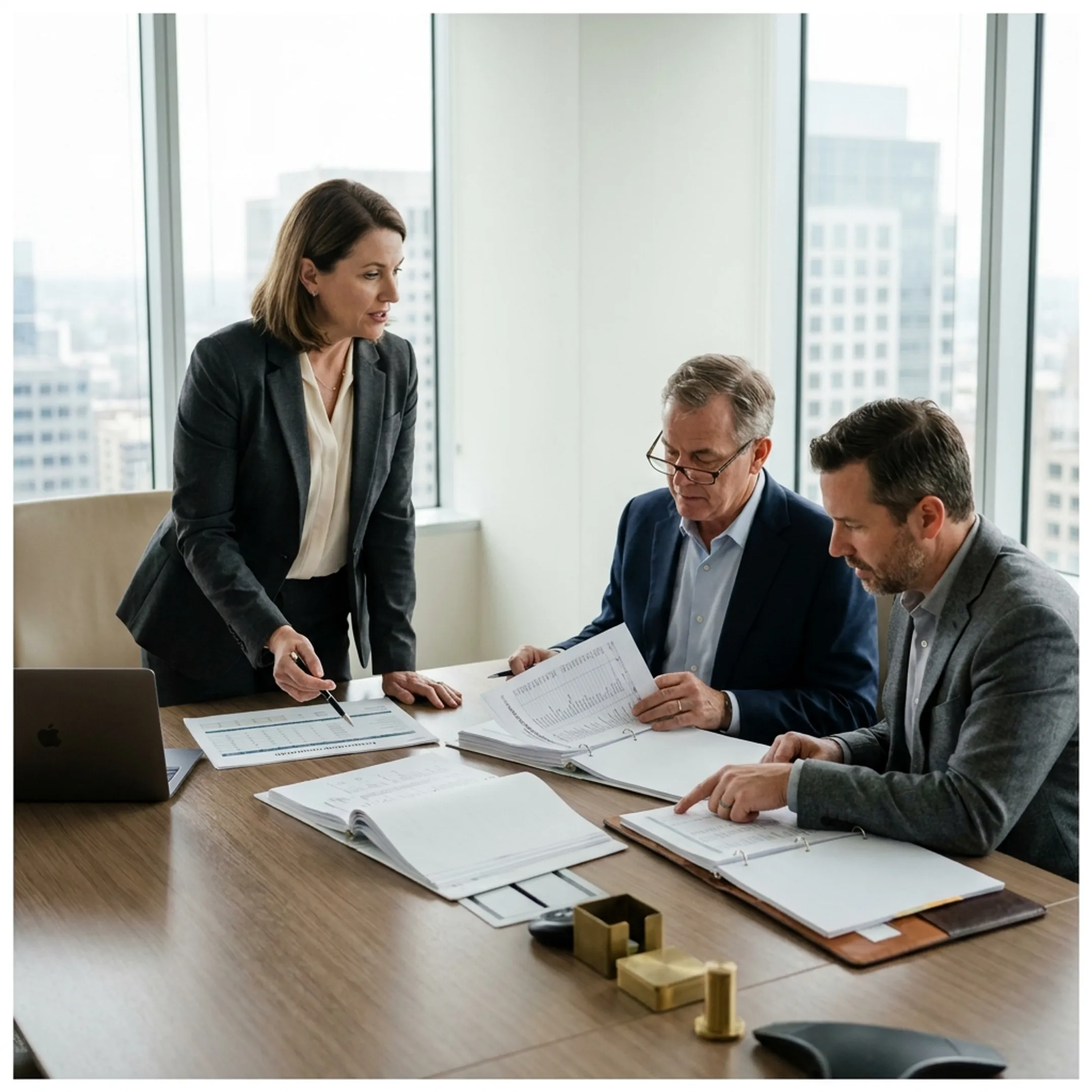 Advisors analyzing acquisition accounting and financial reports