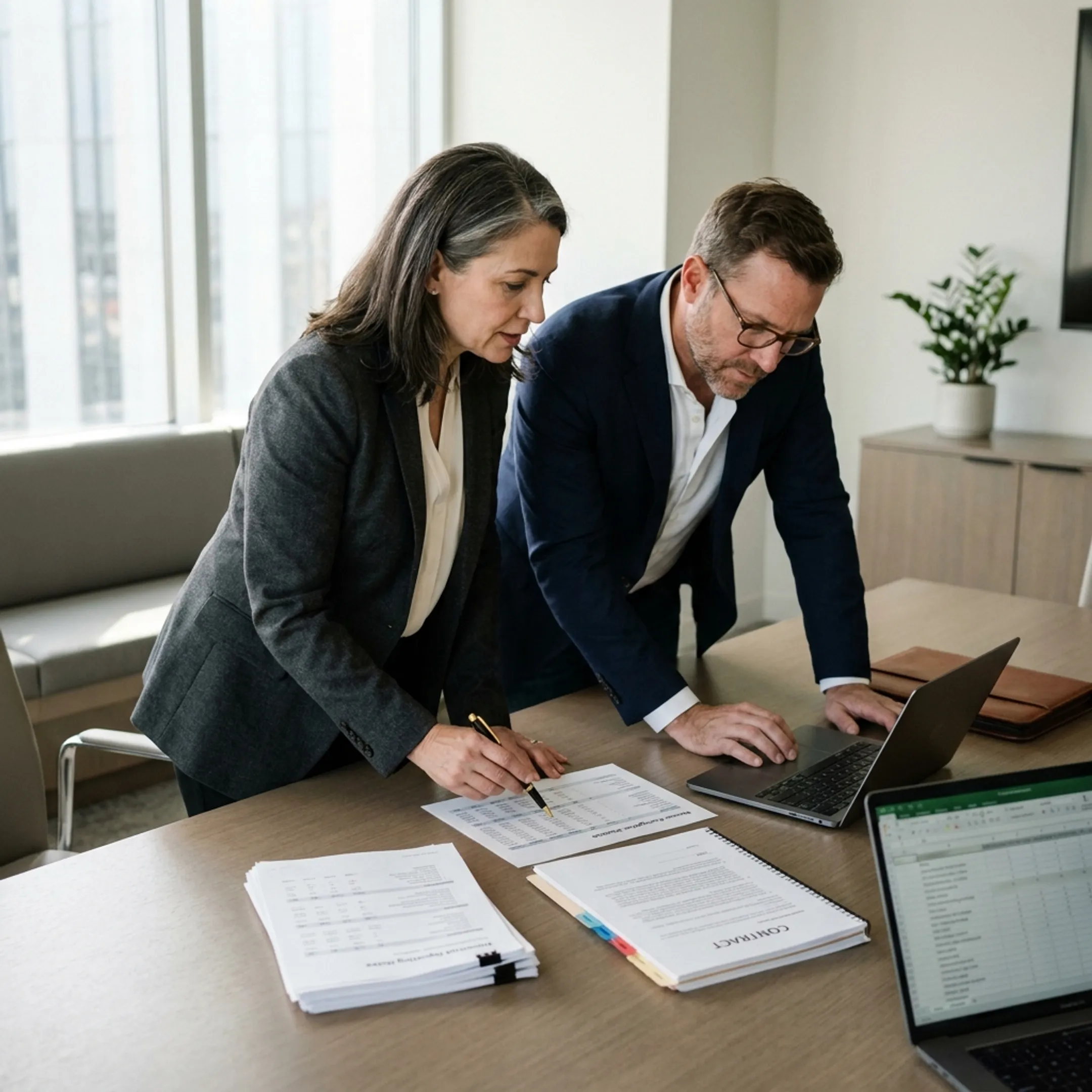 Finance professionals reviewing revenue recognition analysis and accounting documentation