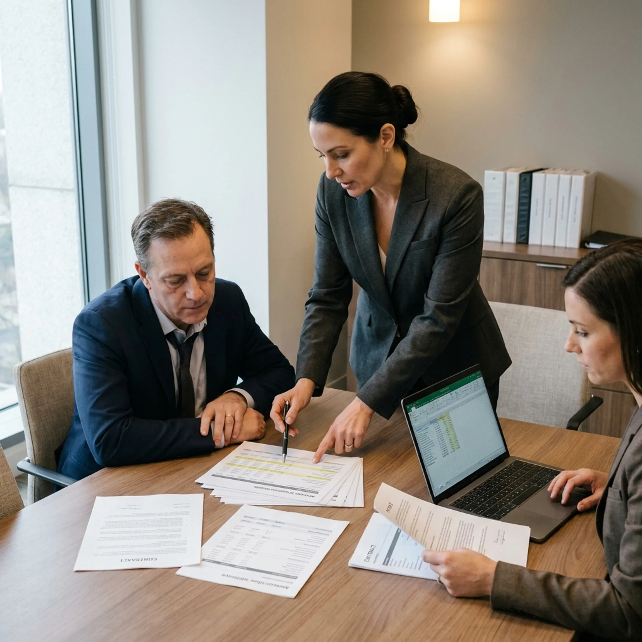 Accounting adviser explaining revenue analysis to a finance team