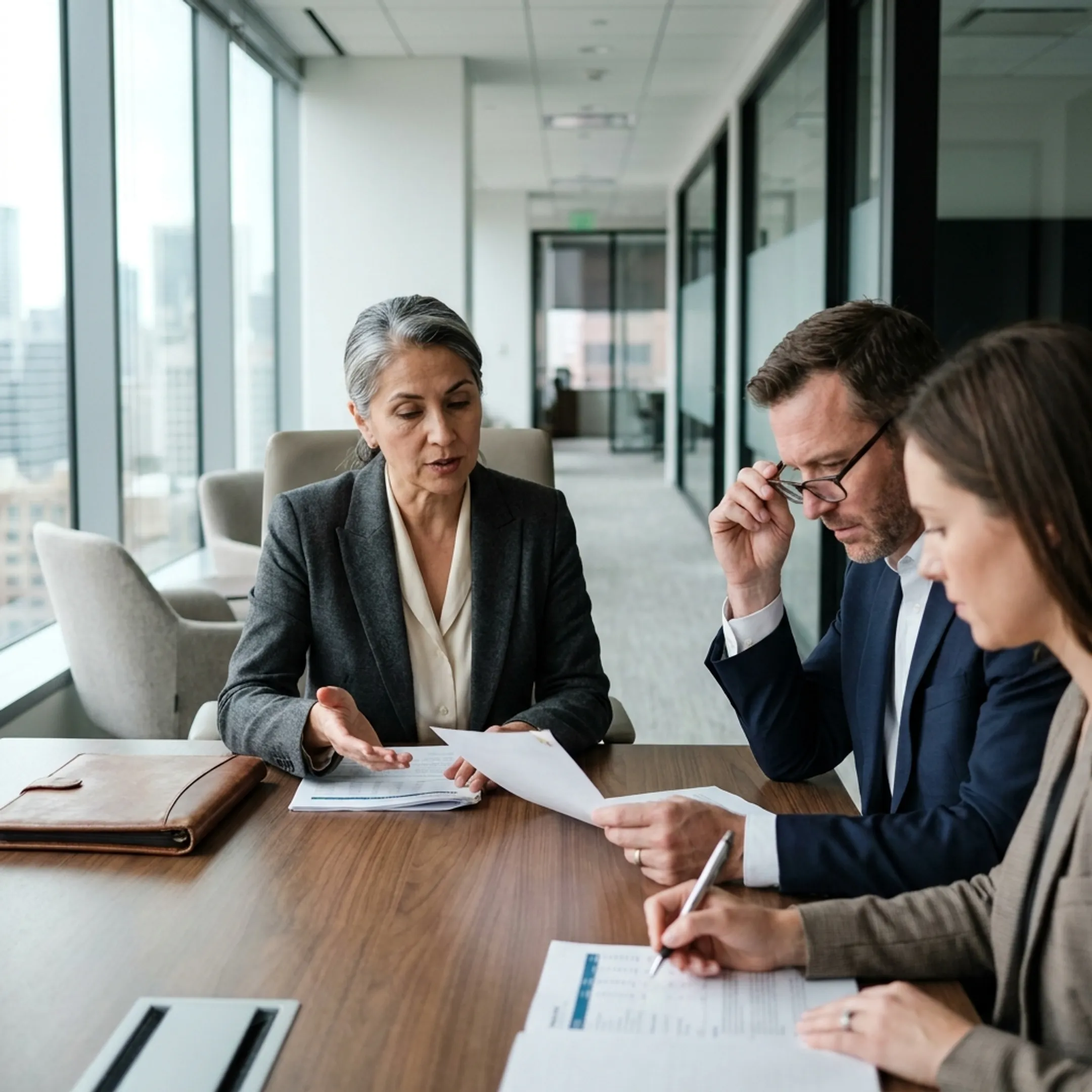Fractional CFO reviewing financial reports with a Boston business leadership team
