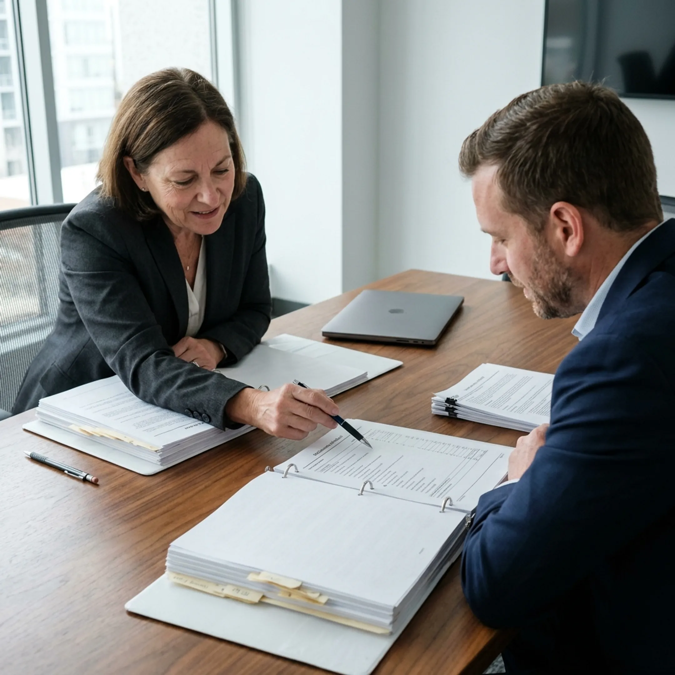 Finance professionals reviewing SEC reporting documents and financial statements