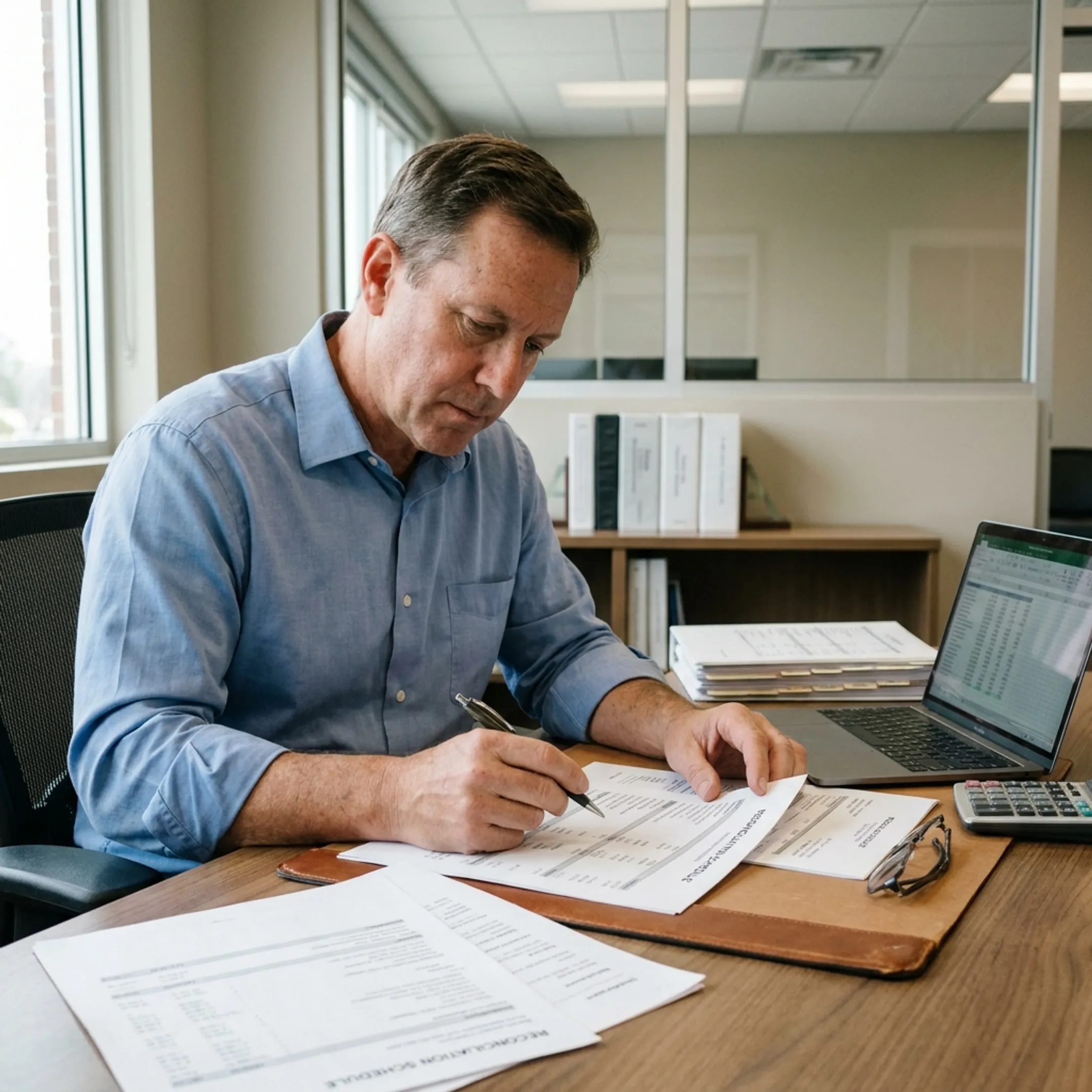 Controller analyzing financial close and reporting documents