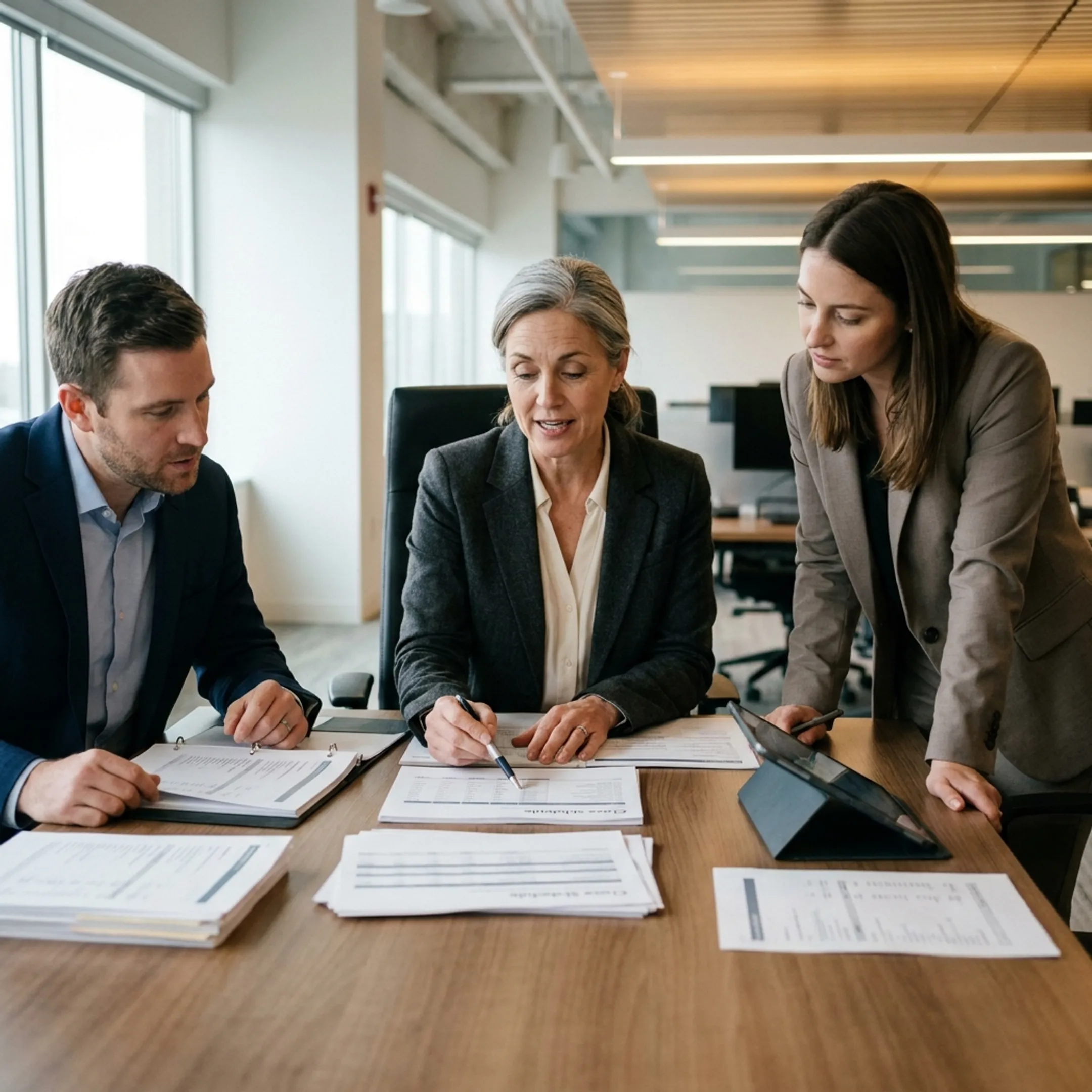 Finance leader reviewing financial reports with an accounting team