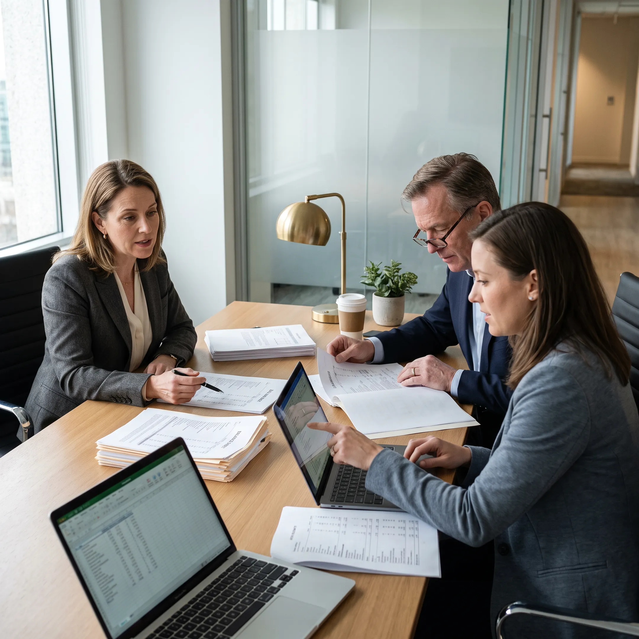 Finance professionals reviewing financial reports and accounting documents in a modern office