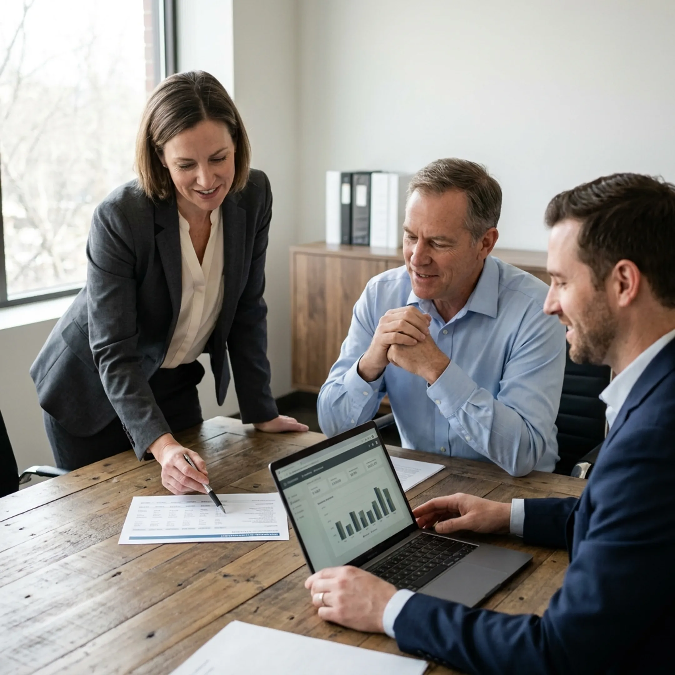 Finance professionals reviewing financial reports during a controller advisory meeting