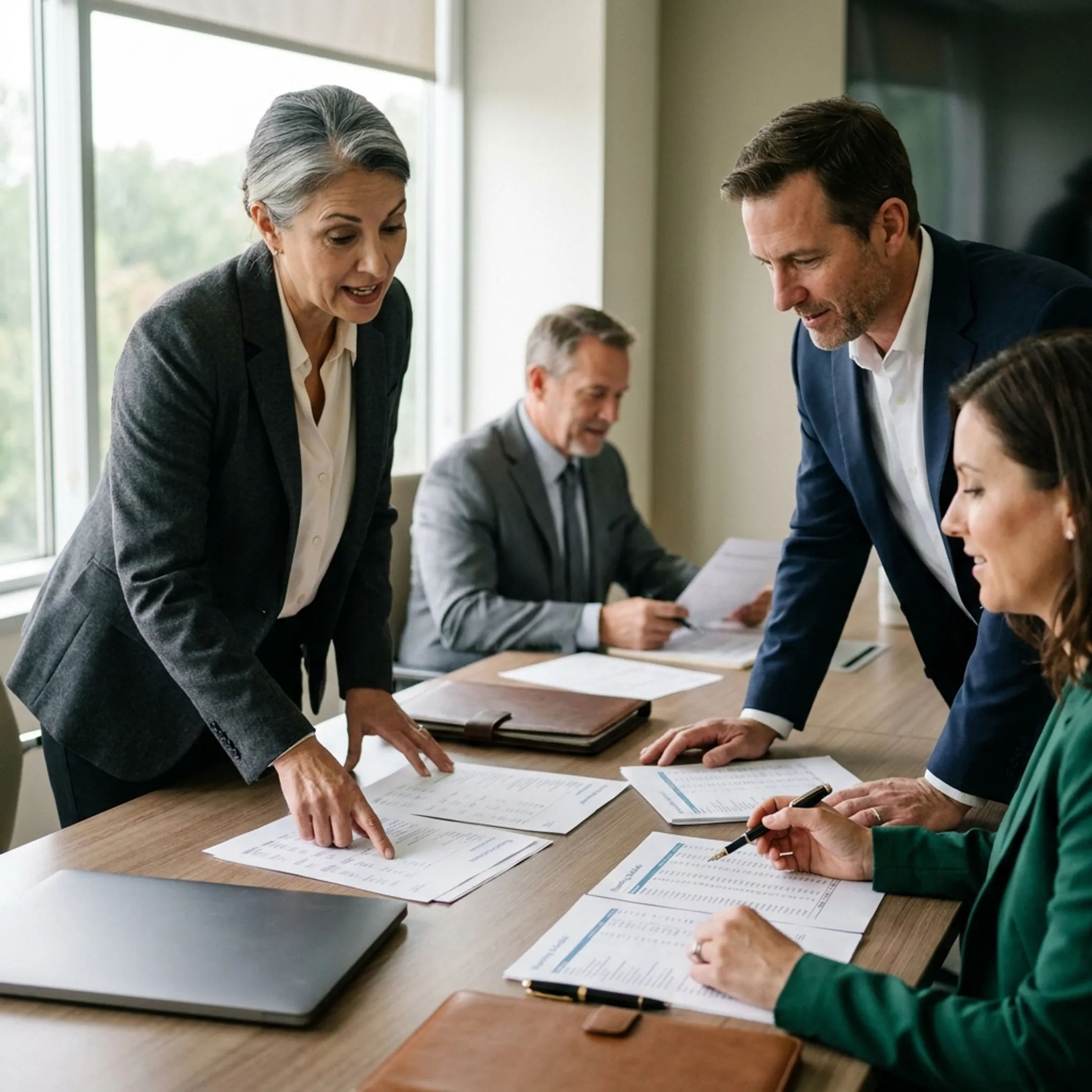 Accounting leaders reviewing financial reports with a management team