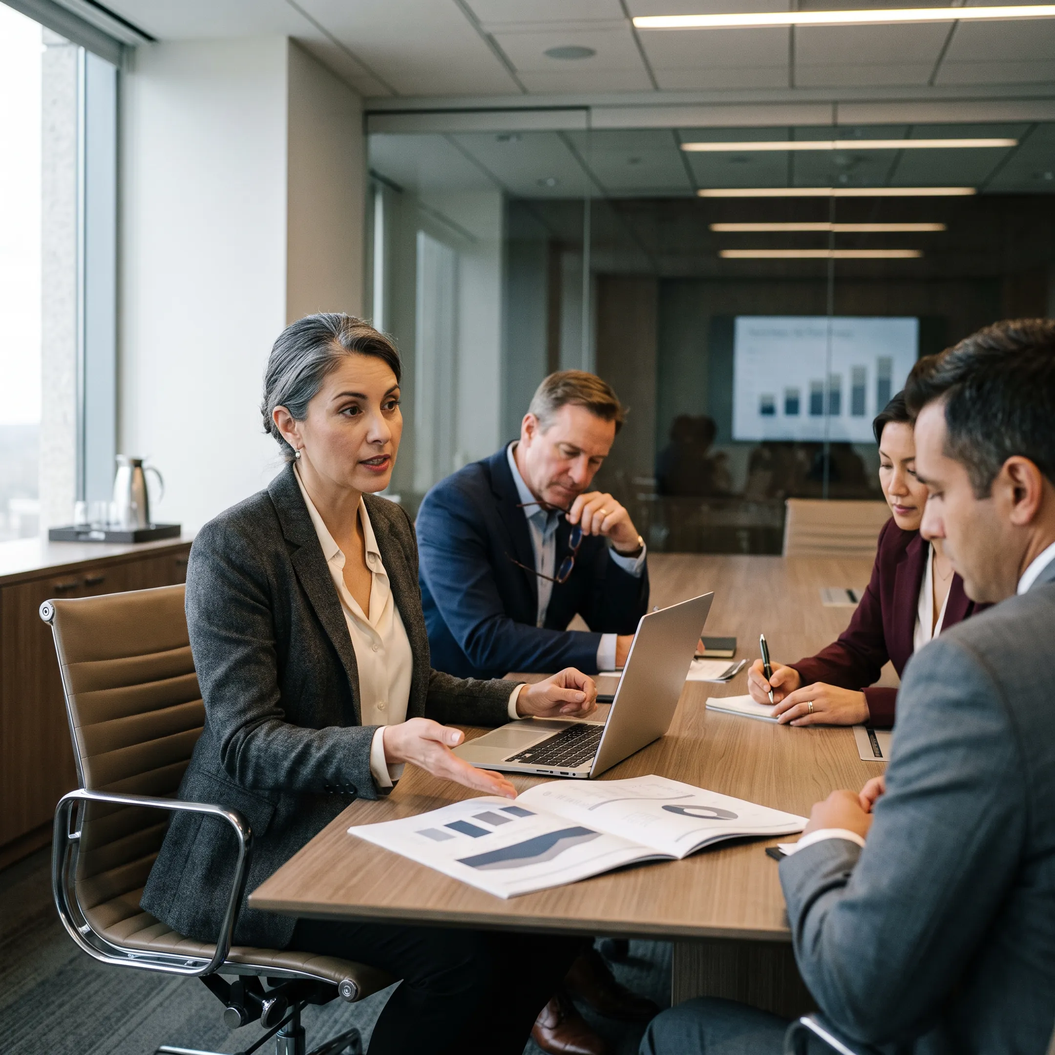 Senior accounting advisor discussing financial strategy with business leaders