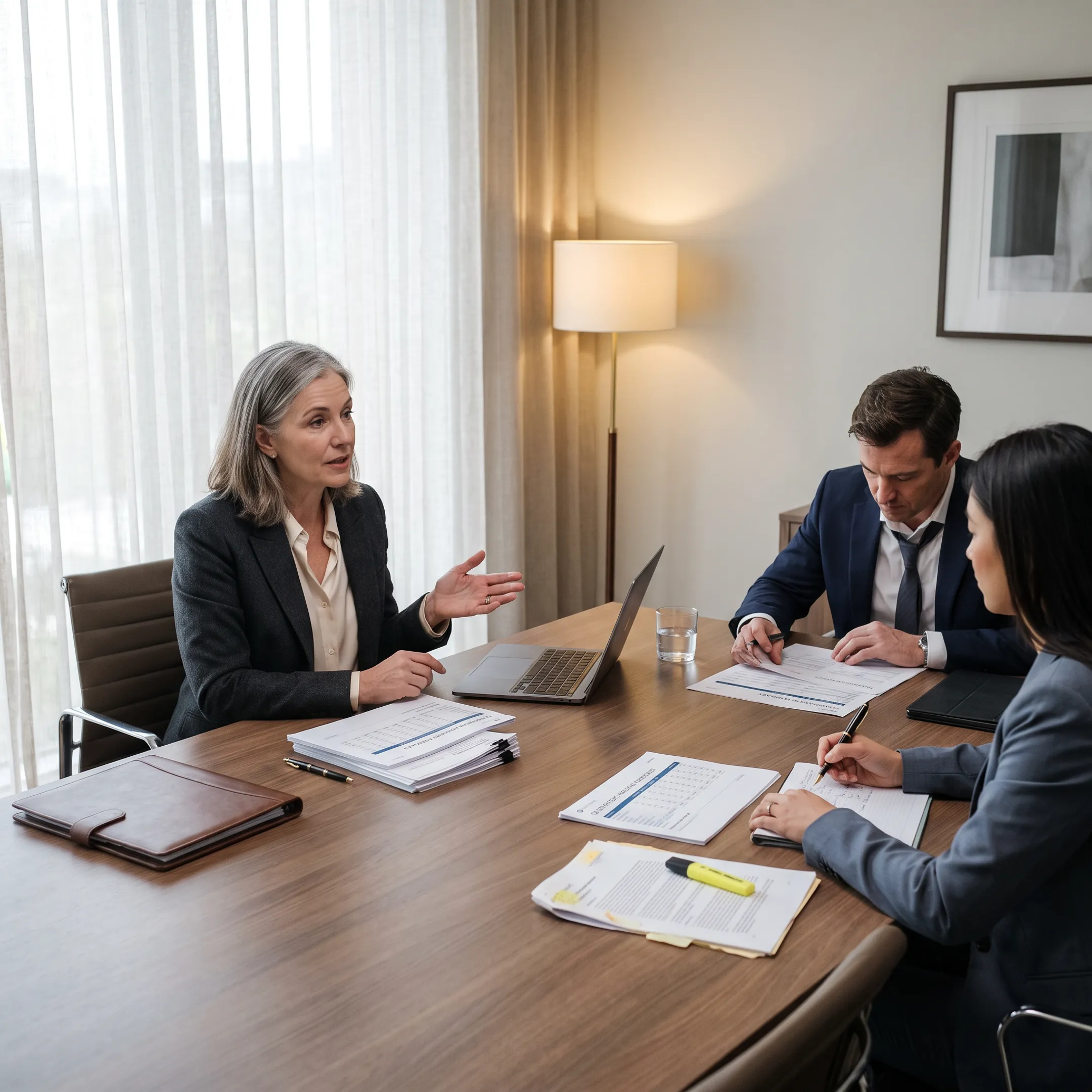 Senior finance advisor reviewing financial reports with an executive team