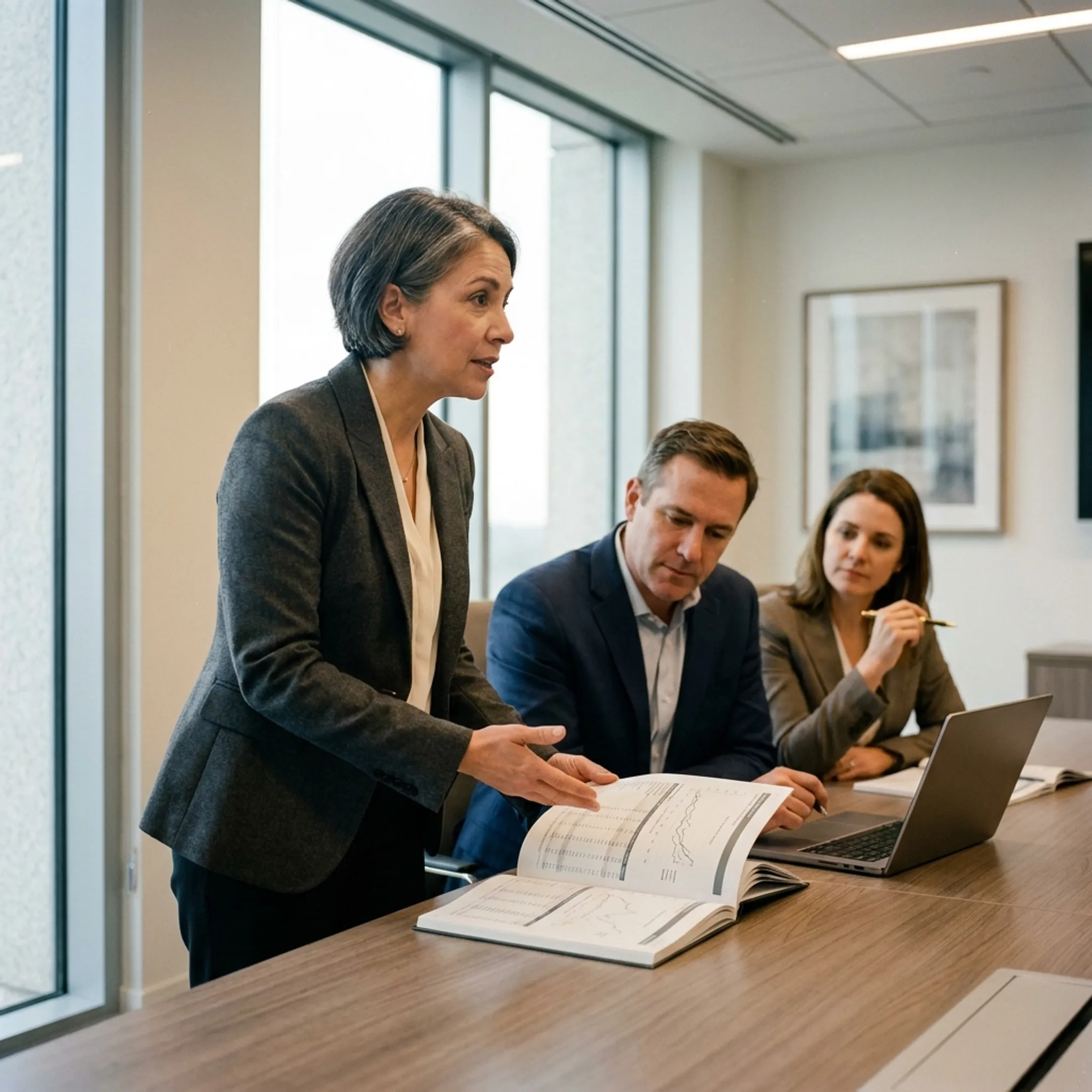 Finance adviser discussing accounting strategy with company leadership