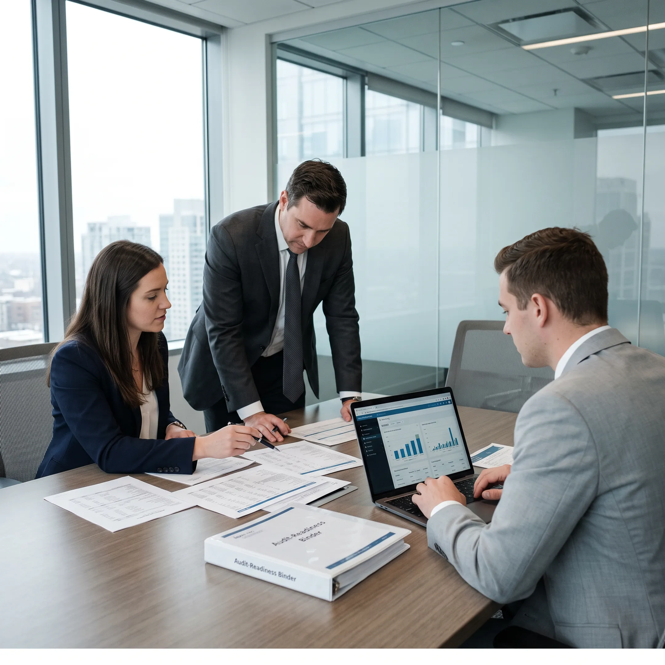 Finance professionals reviewing financial reports and accounting data in a business meeting
