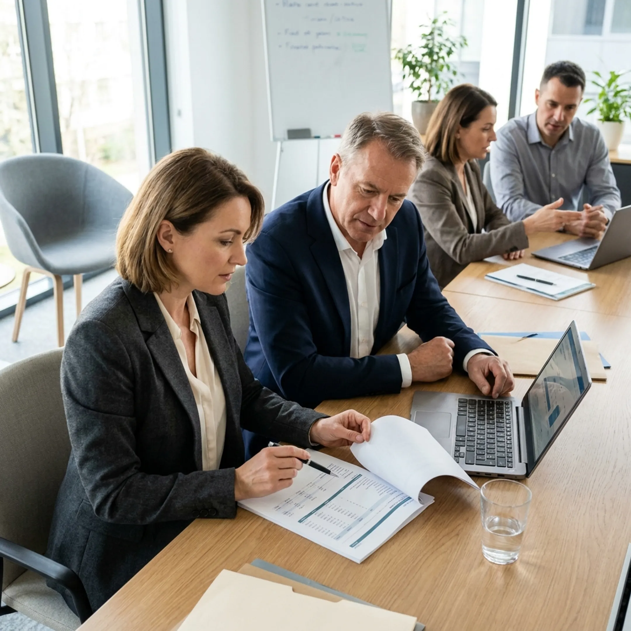 Finance leaders reviewing business reports and forecasts in a modern office