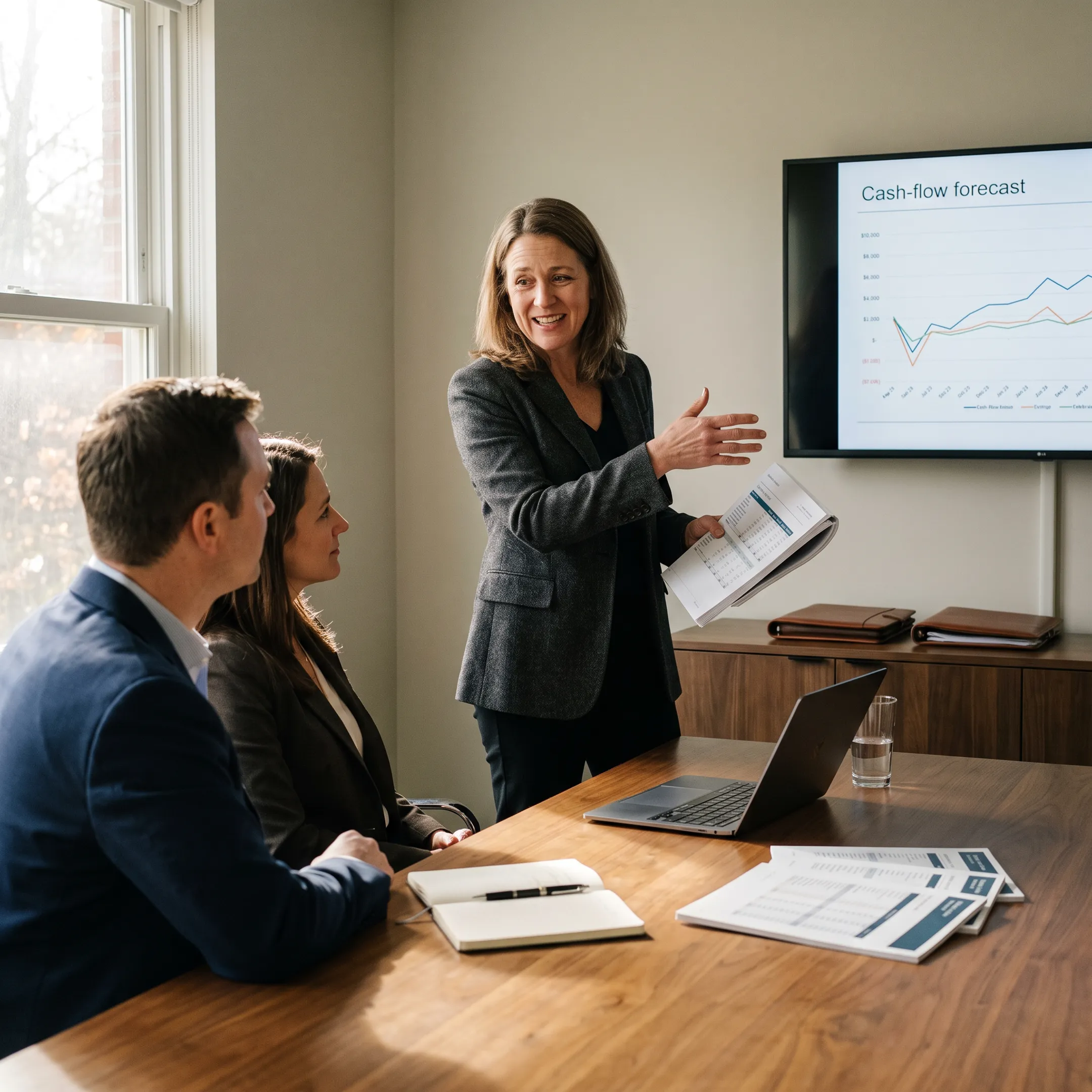 Virtual CFO presenting financial analysis during a business meeting