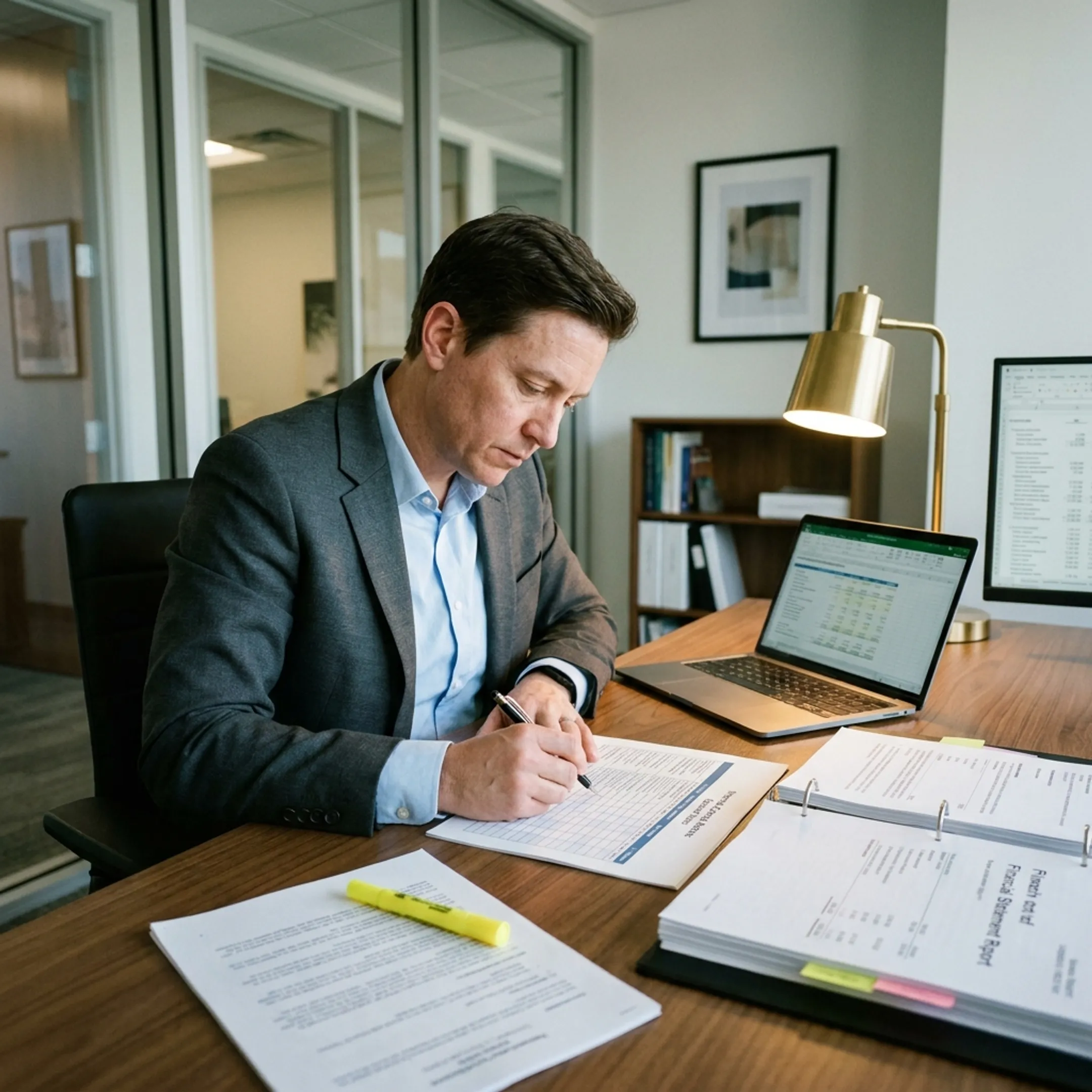 Accounting adviser examining control documentation and financial reporting schedules