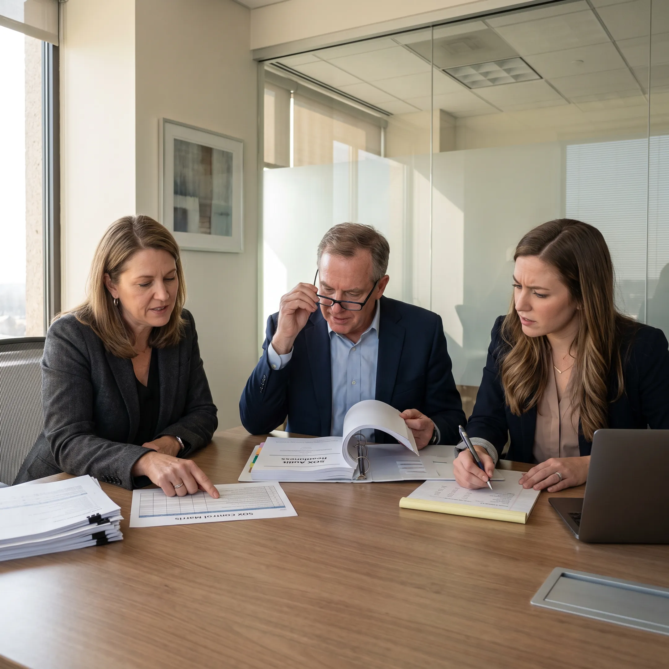 Finance professionals reviewing internal controls and compliance documentation in a business meeting