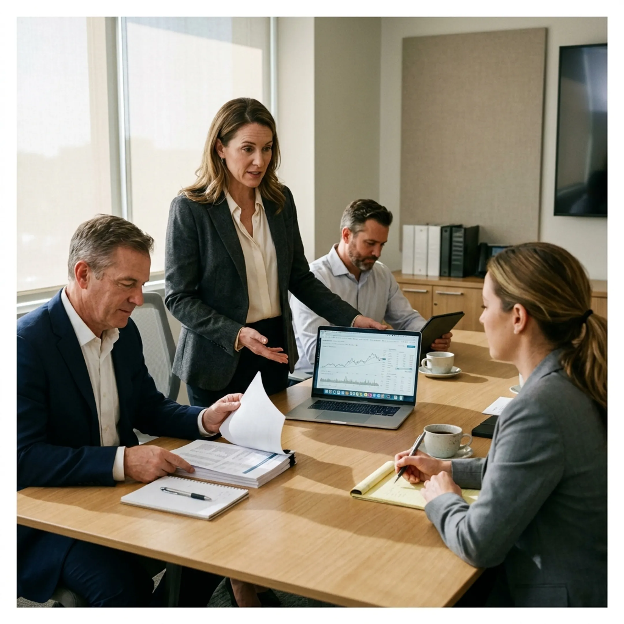 Finance advisors discussing business performance with executives