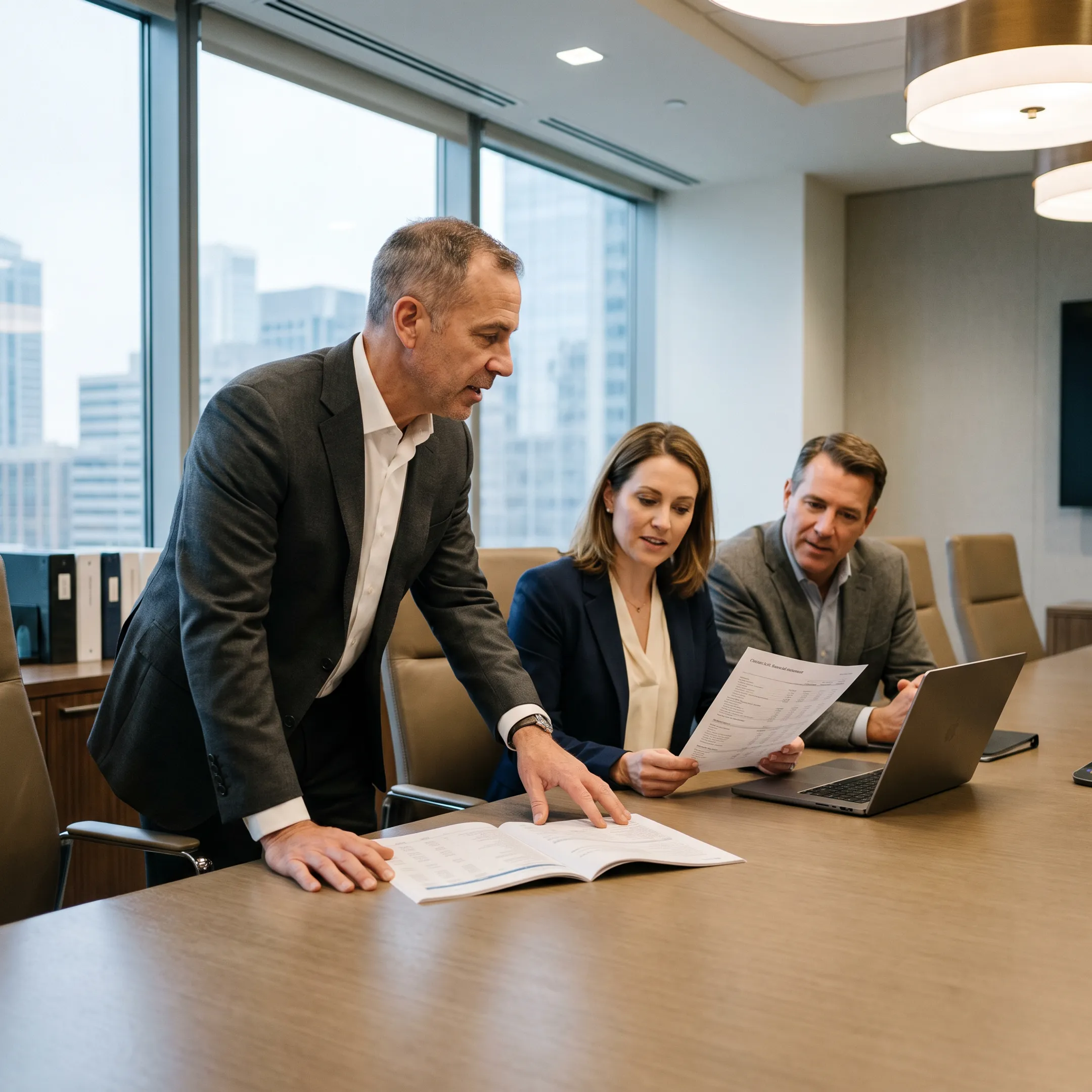 CFO consultant reviewing financial reports with business leadership