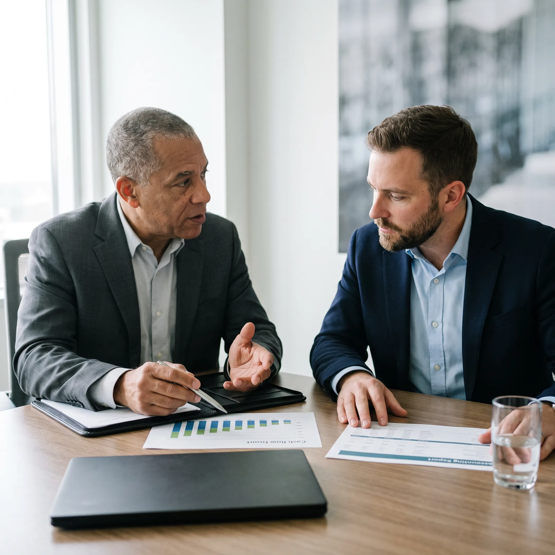 Financial advisor reviewing cannabis business reports with an operator