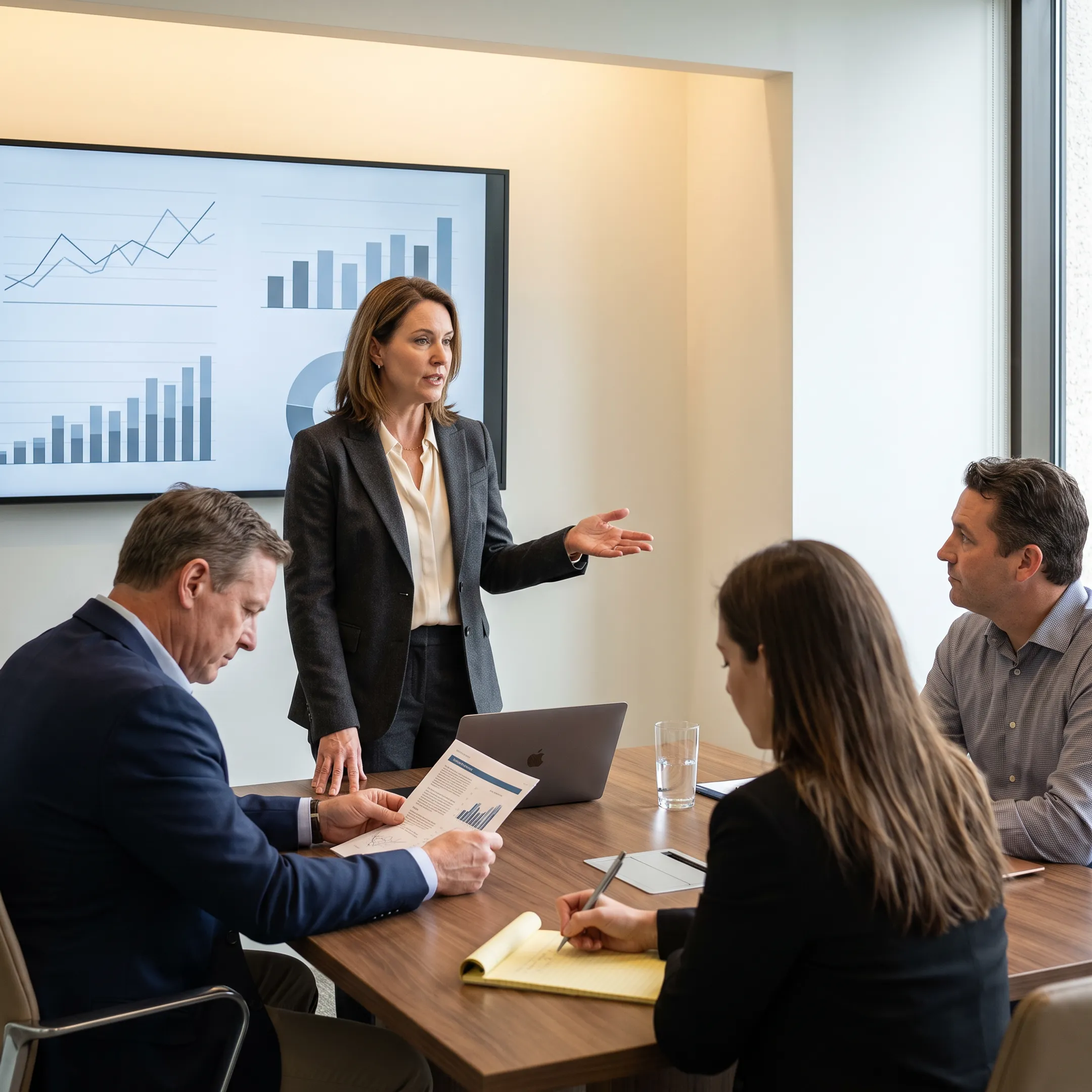 Finance advisor presenting startup cash flow analysis to business leaders