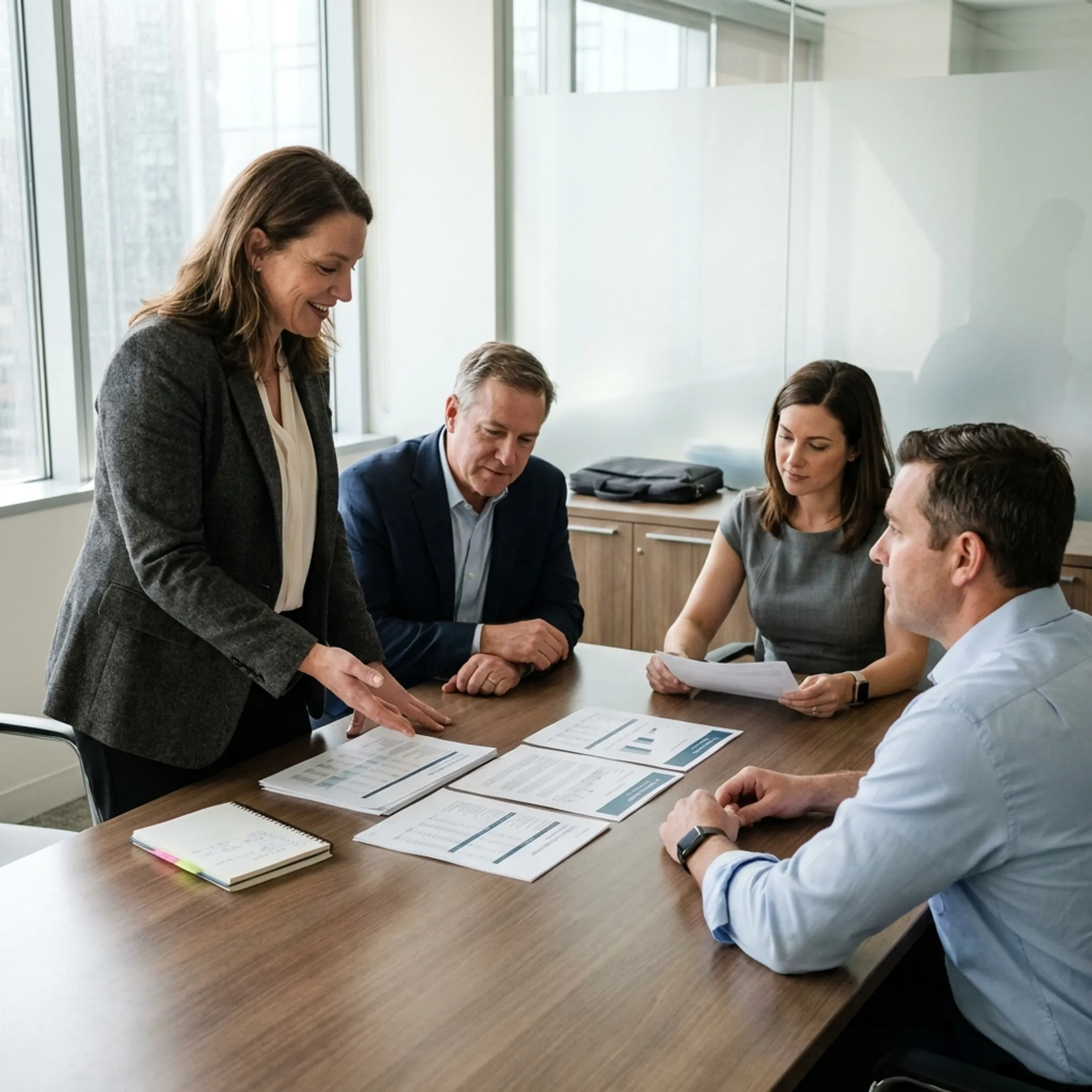 Technical accounting consultant presenting financial analysis to company executives