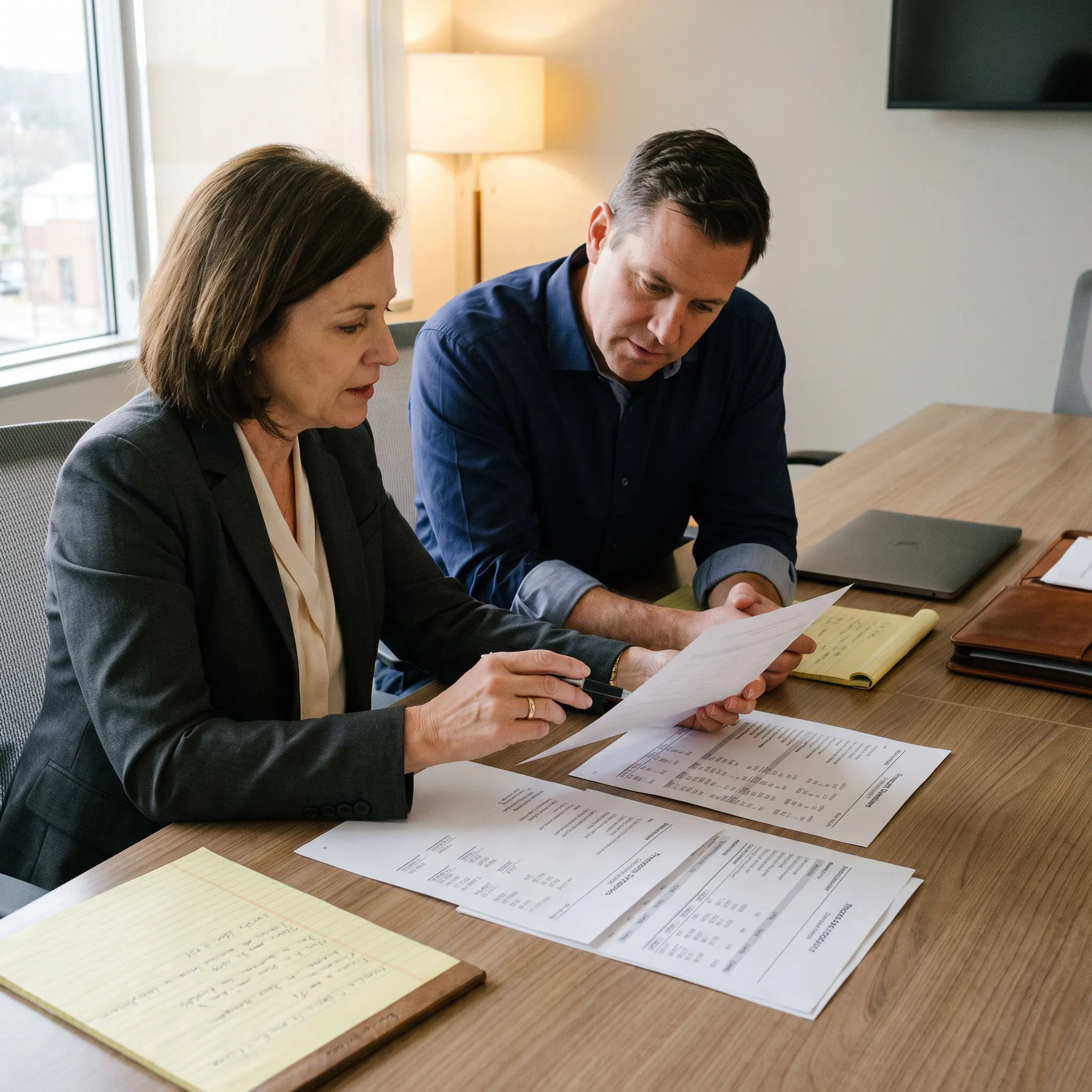 Accounting advisors reviewing technical financial reports with a management team