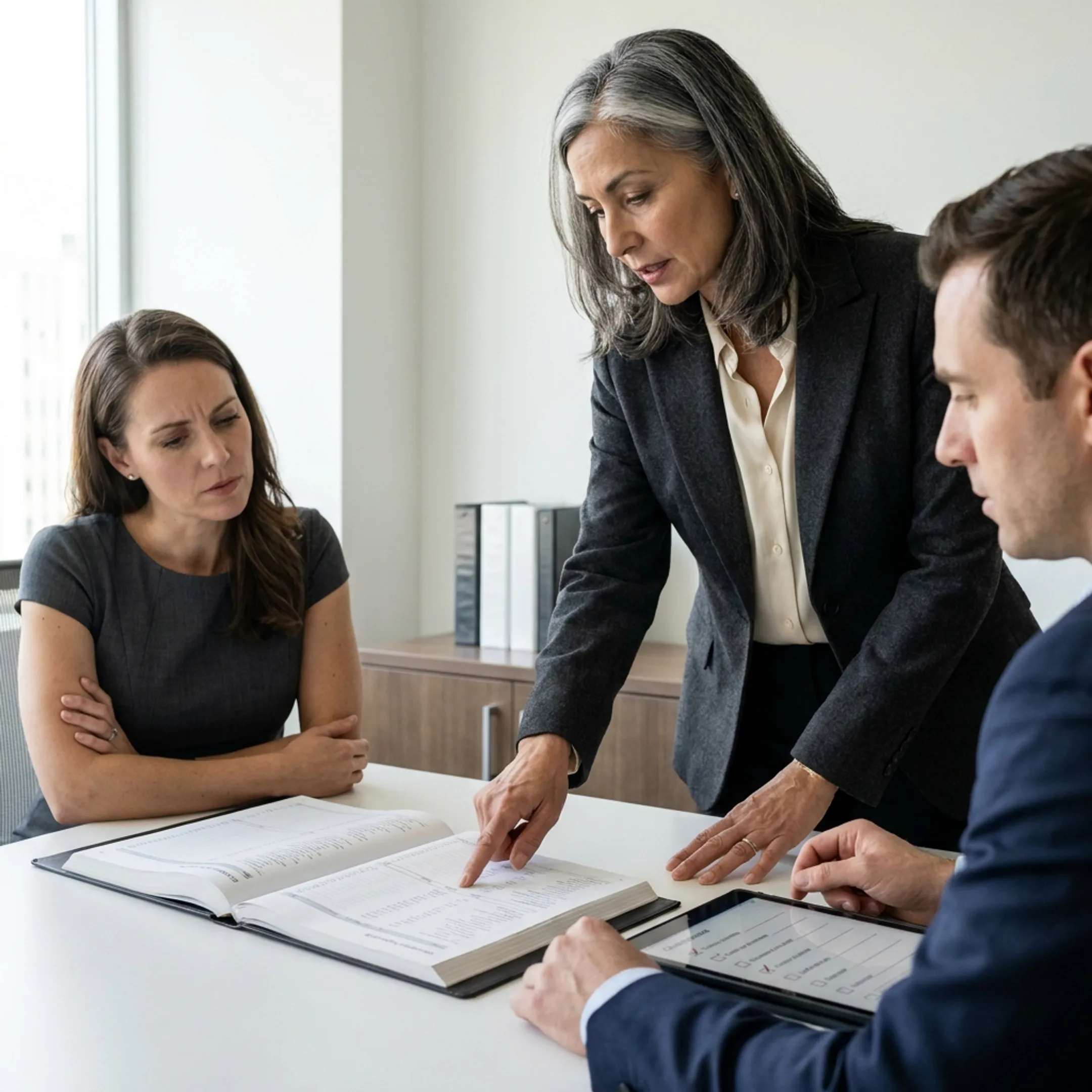 Finance professionals reviewing SEC compliance reports and accounting documents in a corporate meeting