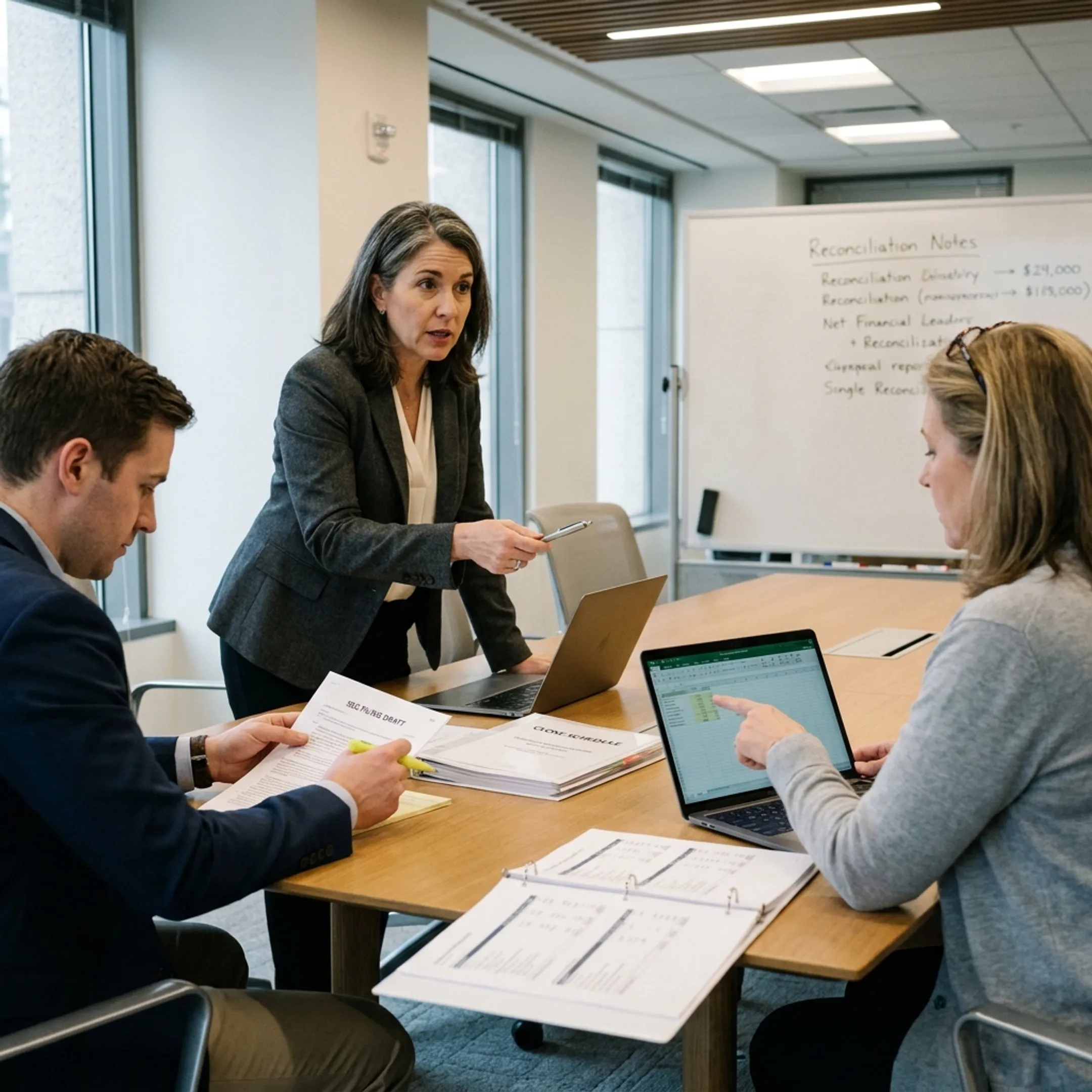 Finance leader reviewing financial reports with an accounting team