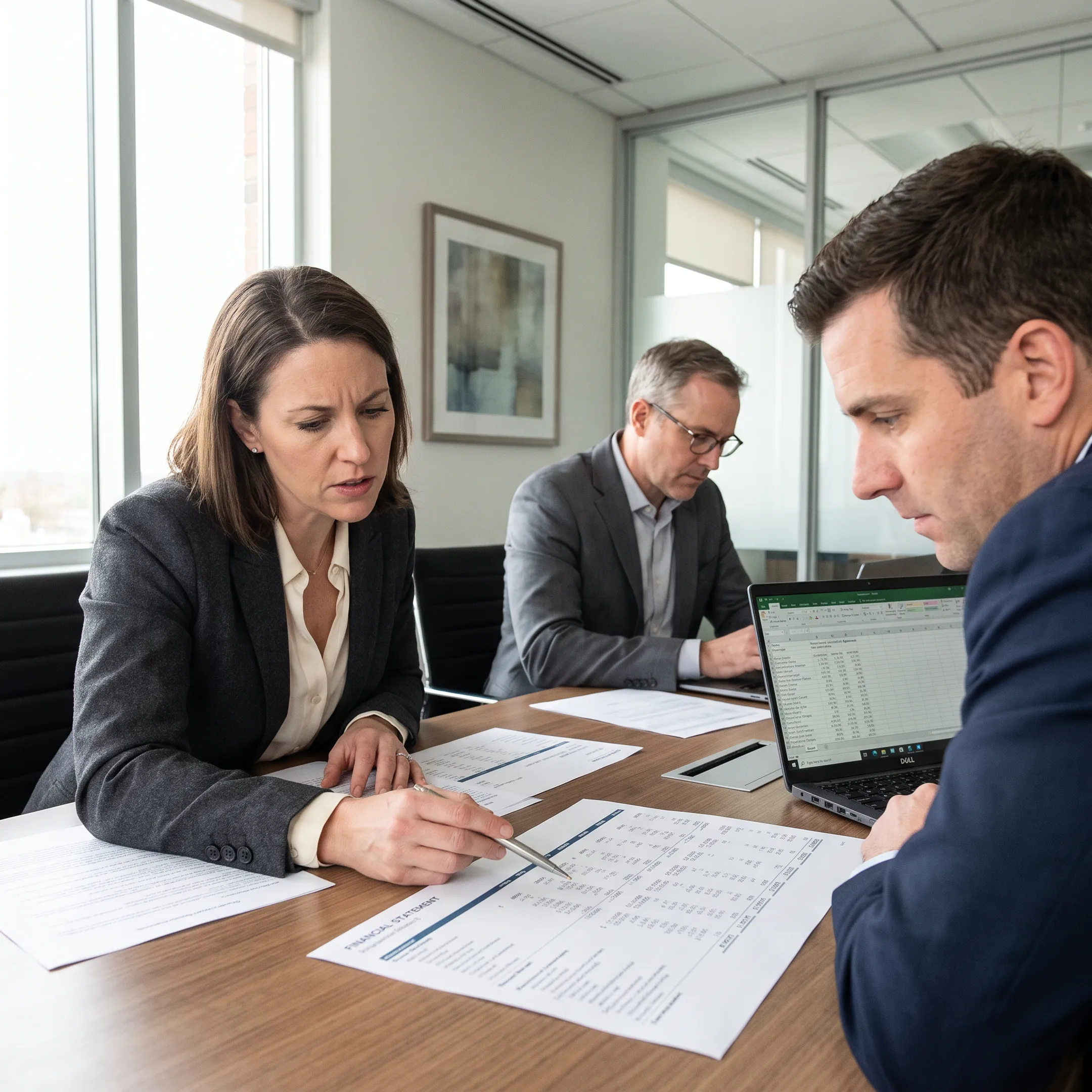 Accounting advisors reviewing financial reports with a business leadership team