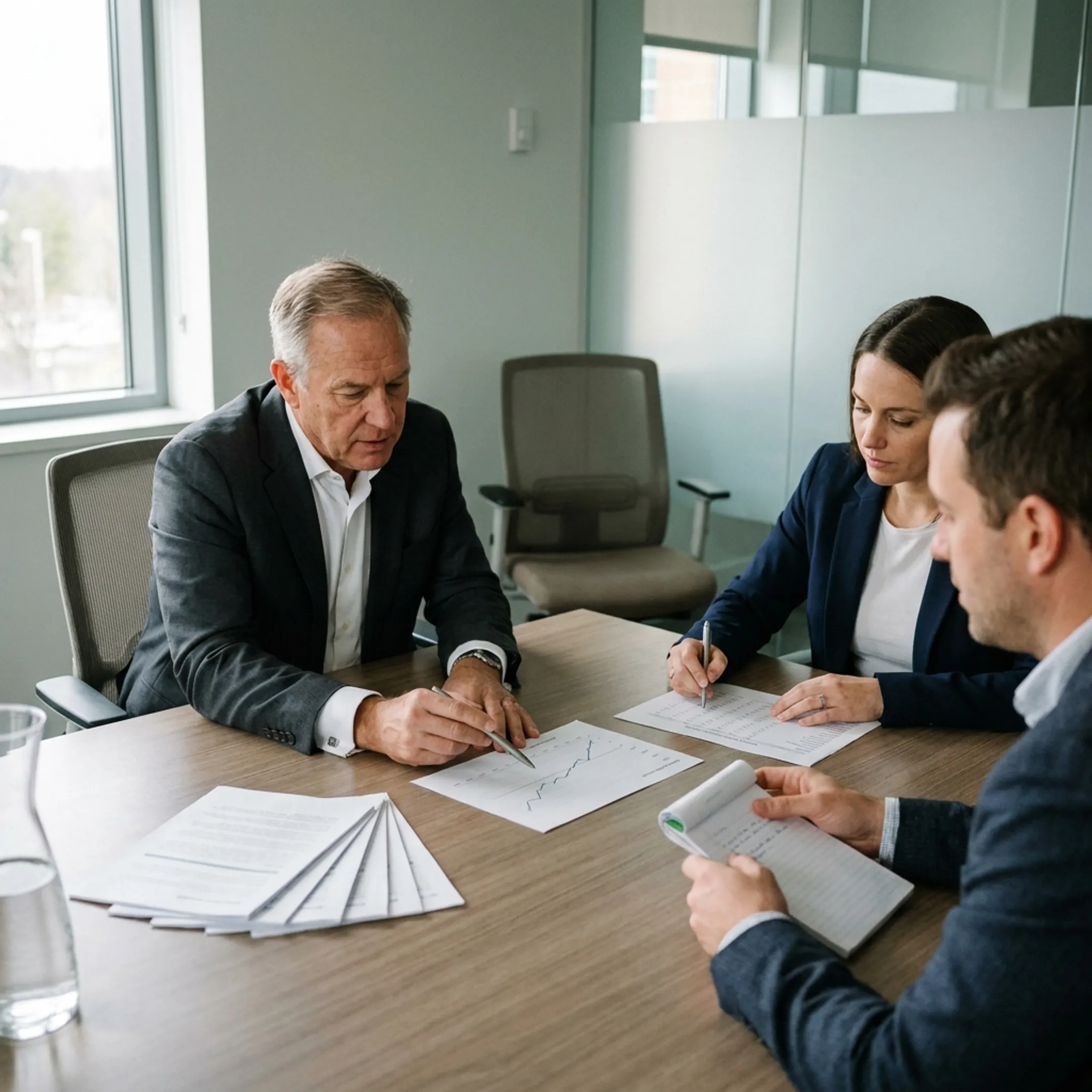 Finance advisors reviewing corporate reports and strategy documents with an executive team