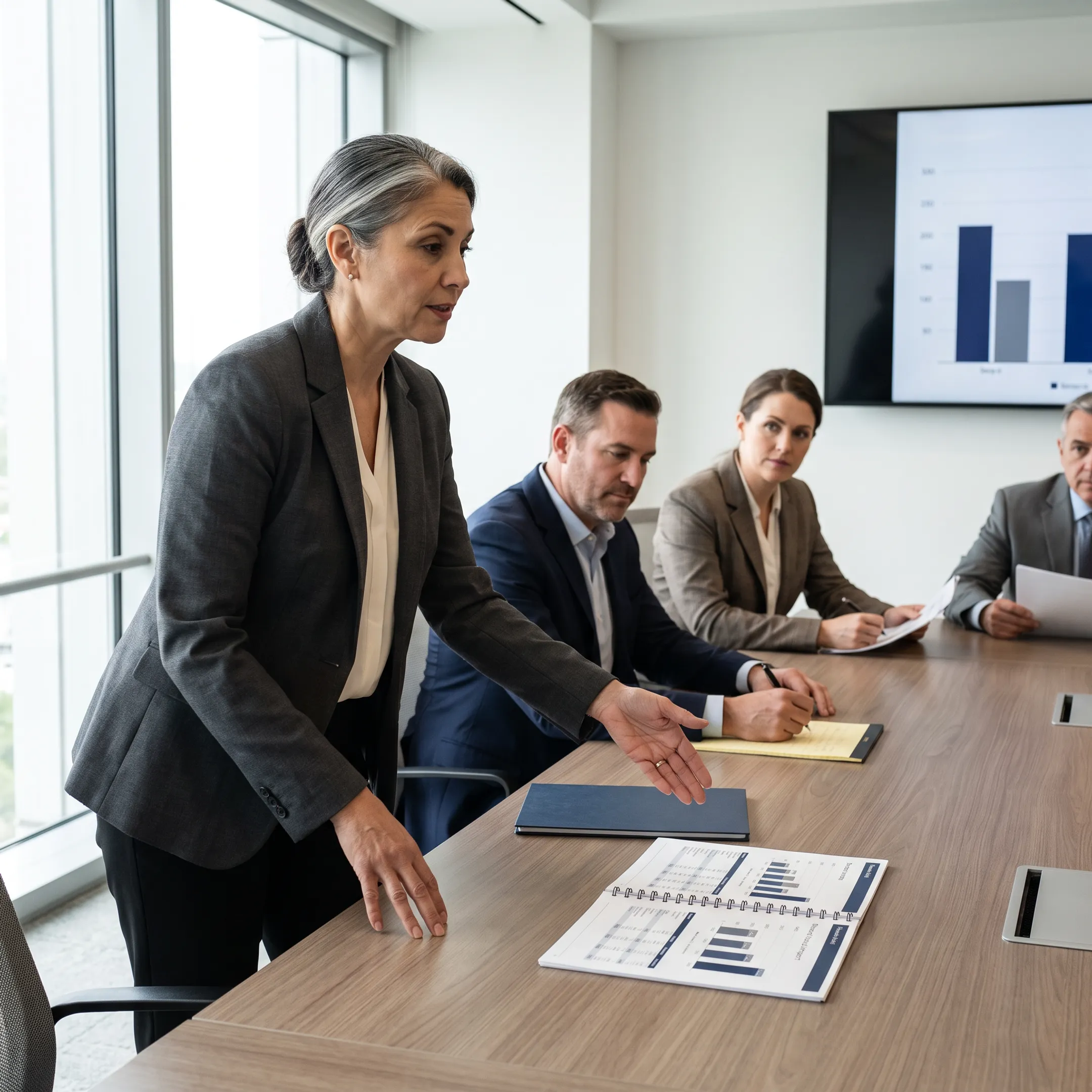 Senior finance advisor presenting financial analysis to company leadership