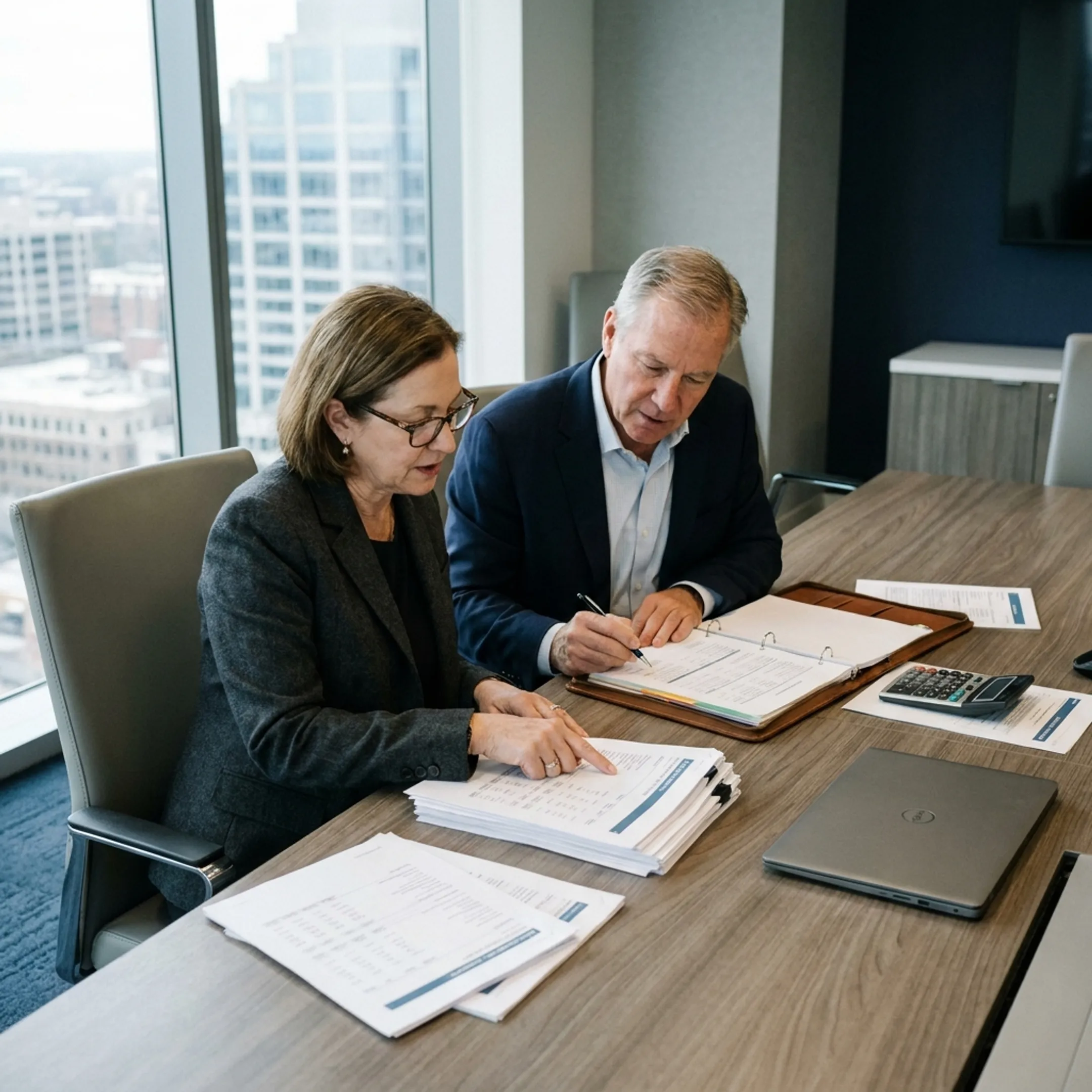 Finance professionals reviewing accounting reports and audit documentation
