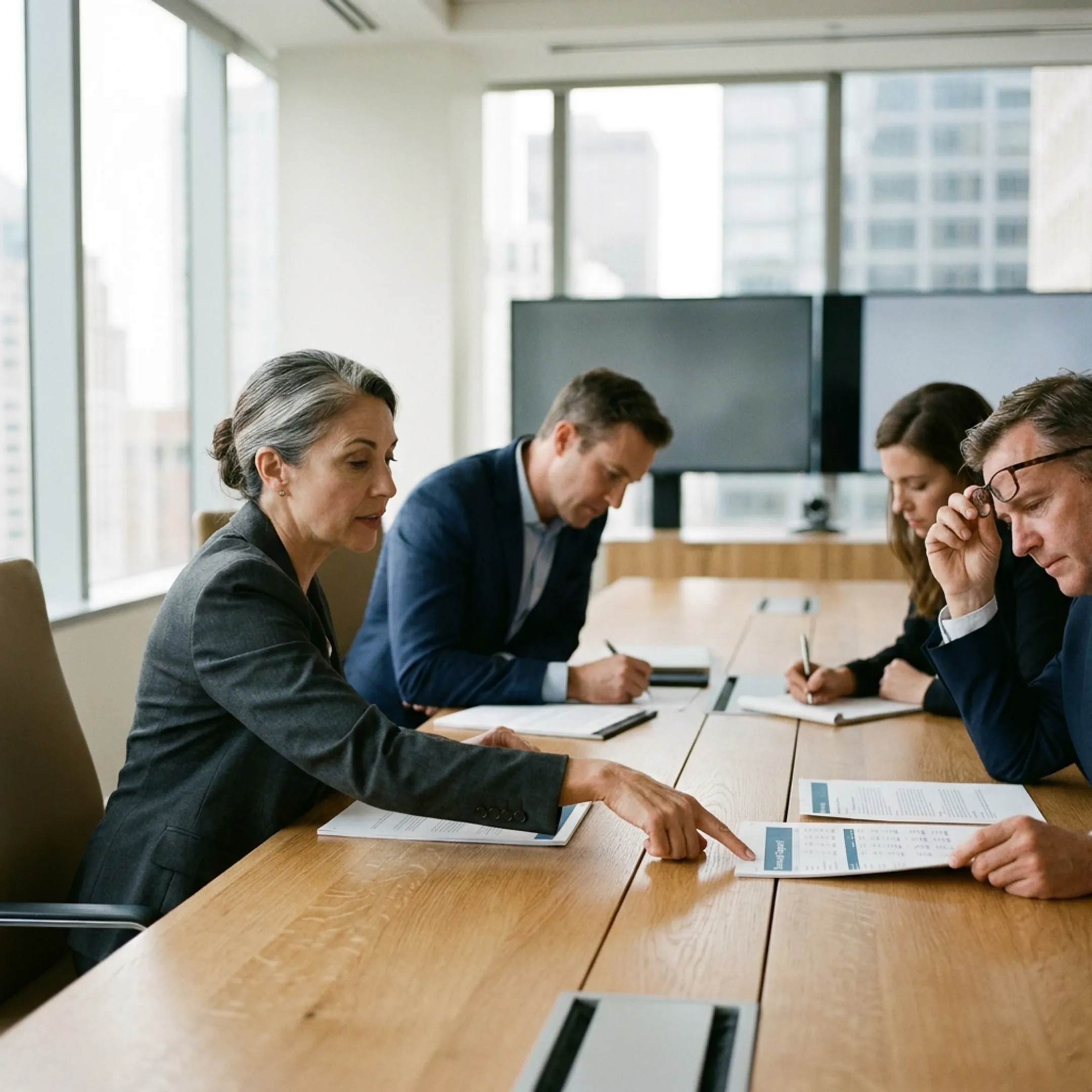Interim finance adviser presenting financial analysis to company executives
