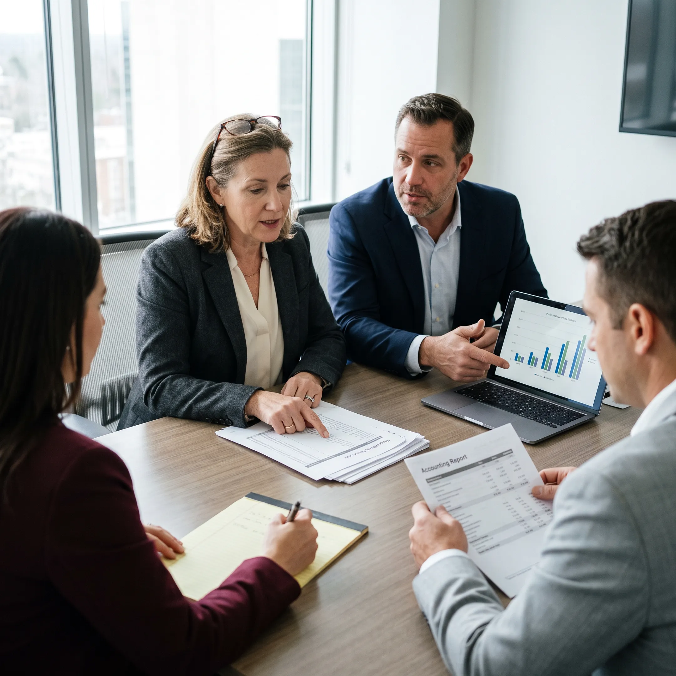 Finance leadership team reviewing financial reports and transaction documents in a modern office
