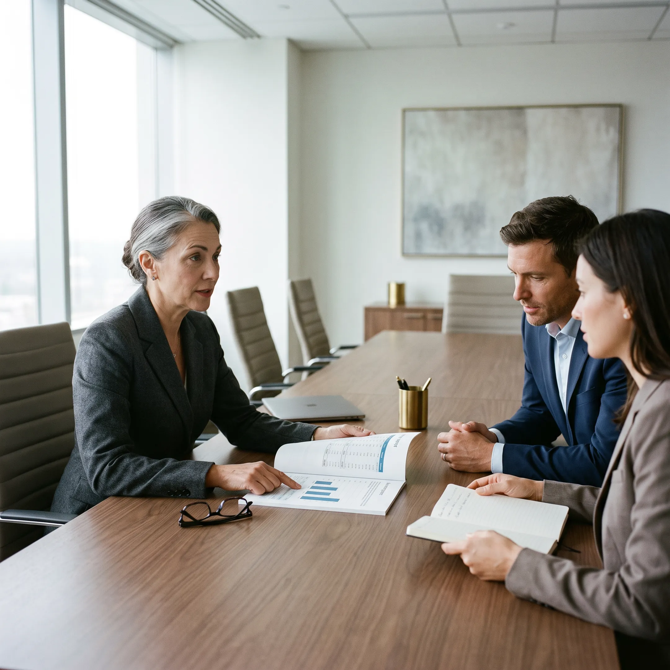 Finance advisor reviewing financial reports with an executive team
