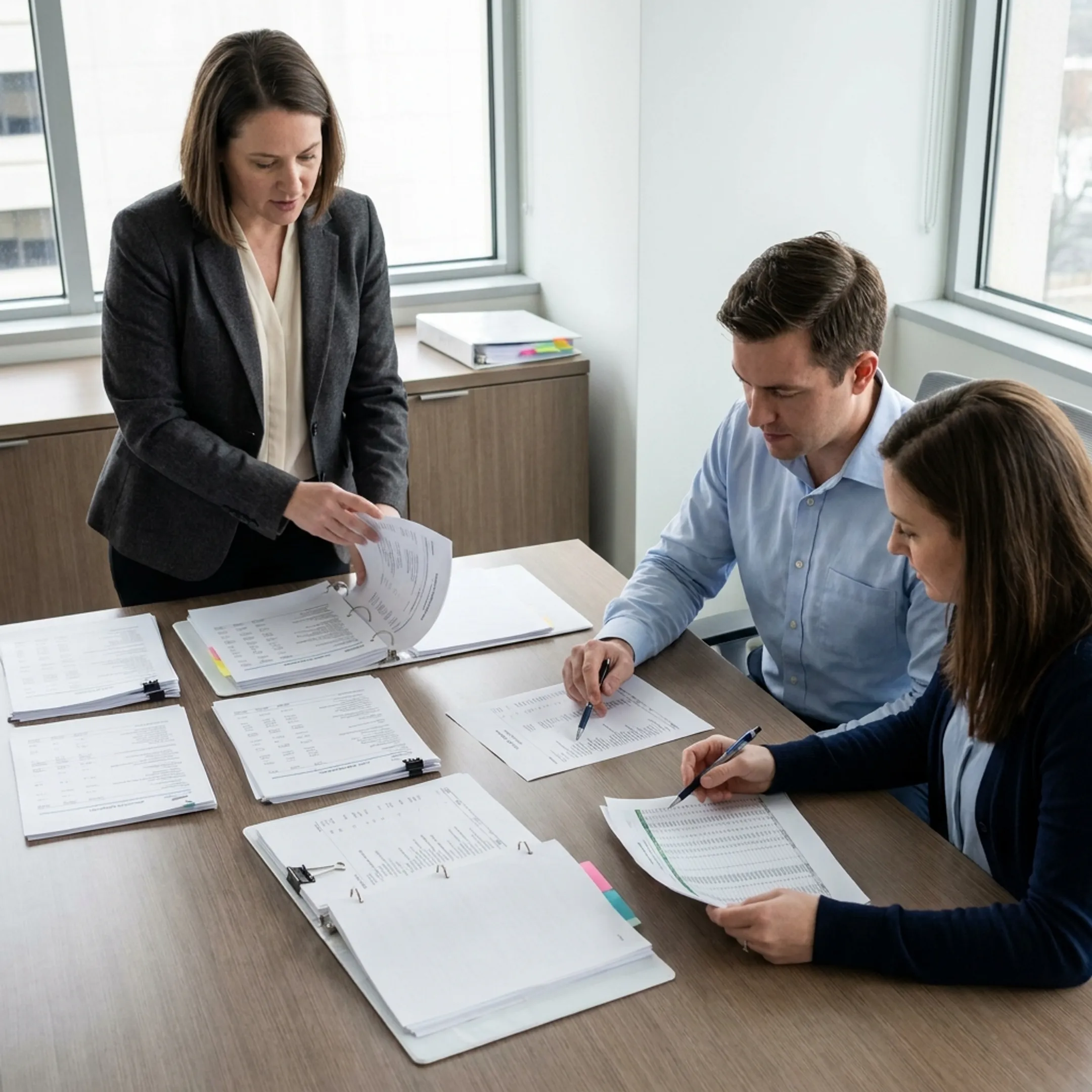 Accounting adviser organizing audit documentation with a finance team