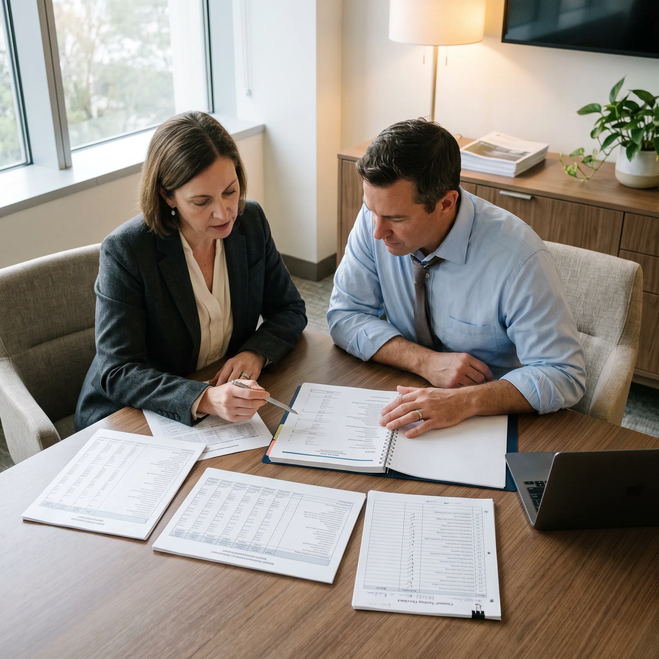 Finance professionals reviewing audit schedules and financial reporting documents in a meeting