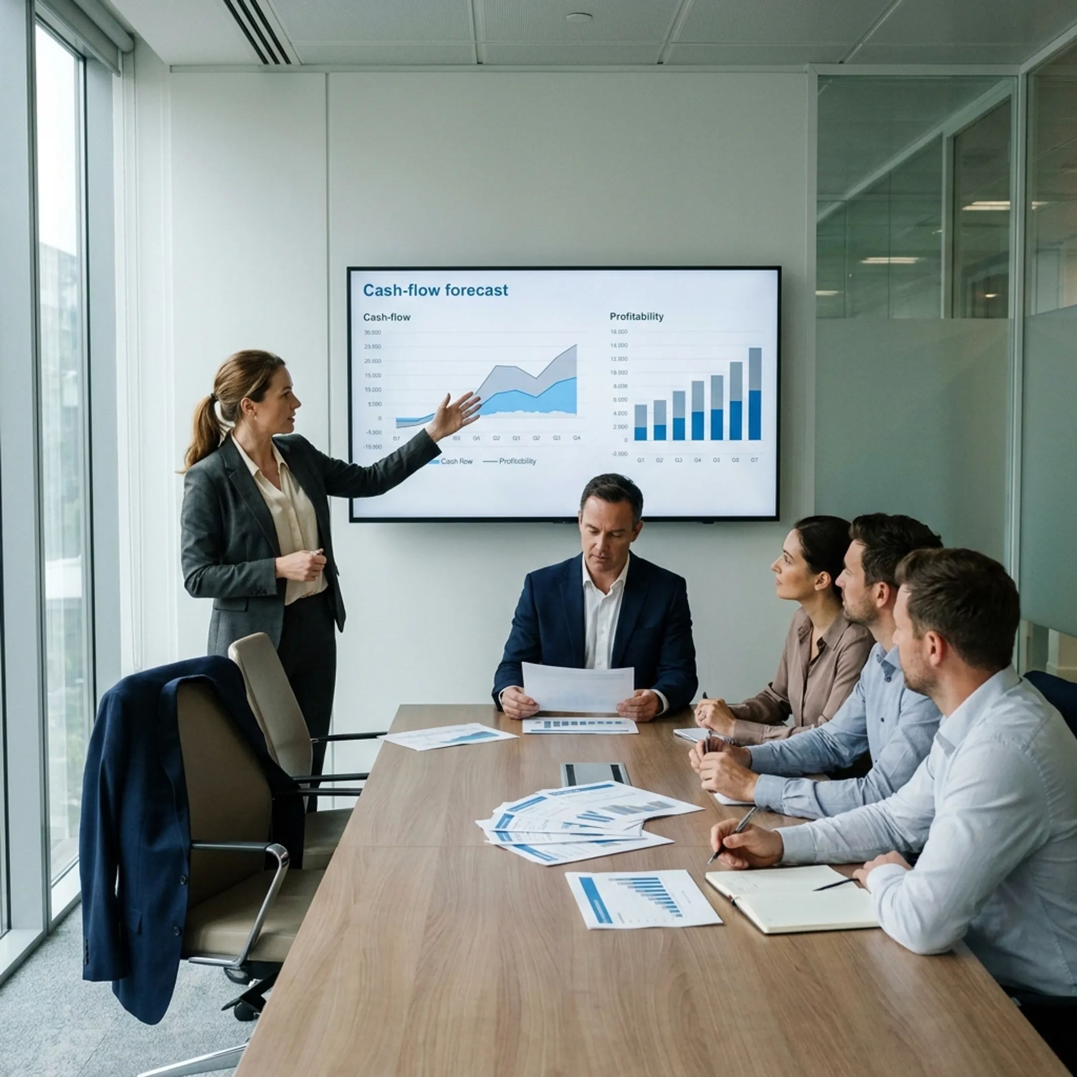 Advisers presenting financial analysis and planning insights to business leaders