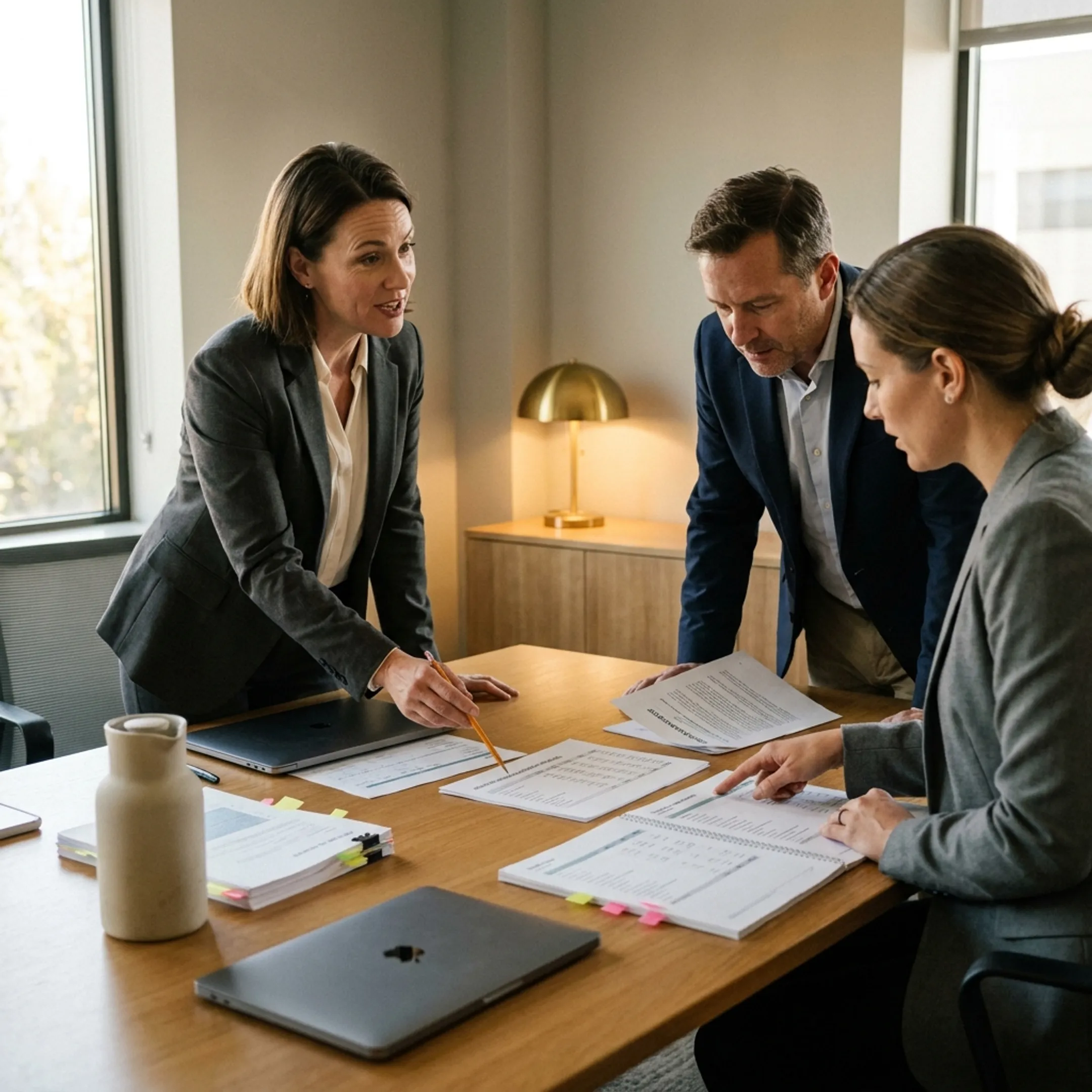 Advisers examining financial reporting schedules with a management team