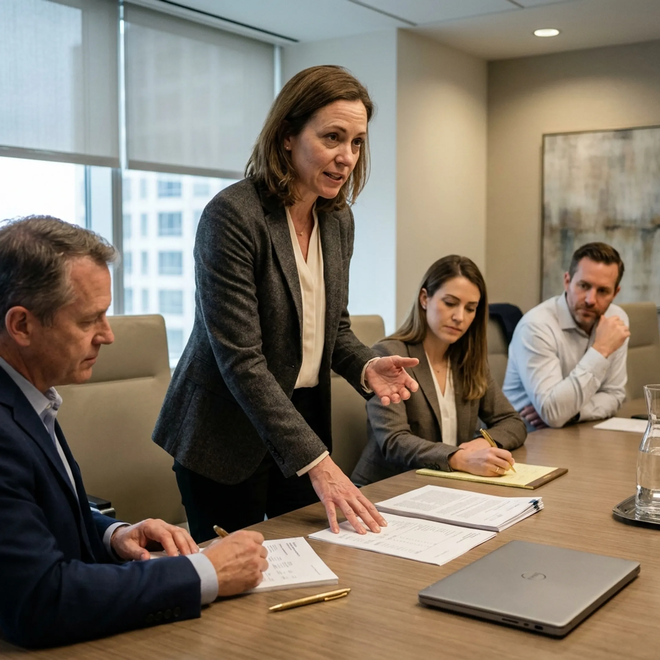 Accounting adviser explaining financial instrument analysis to executive team