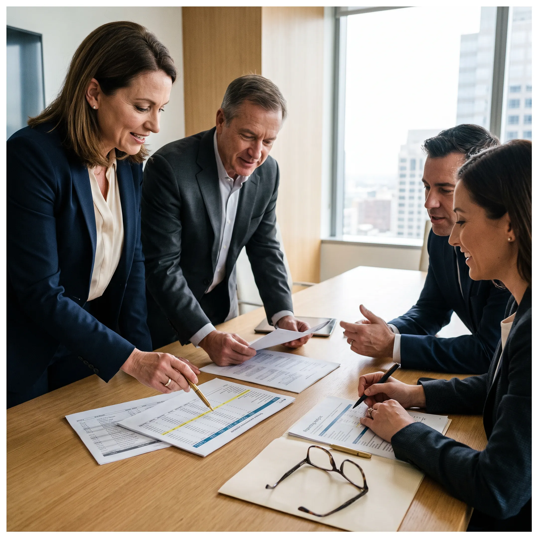 Finance advisers reviewing complex financial instrument accounting documents with company leadership