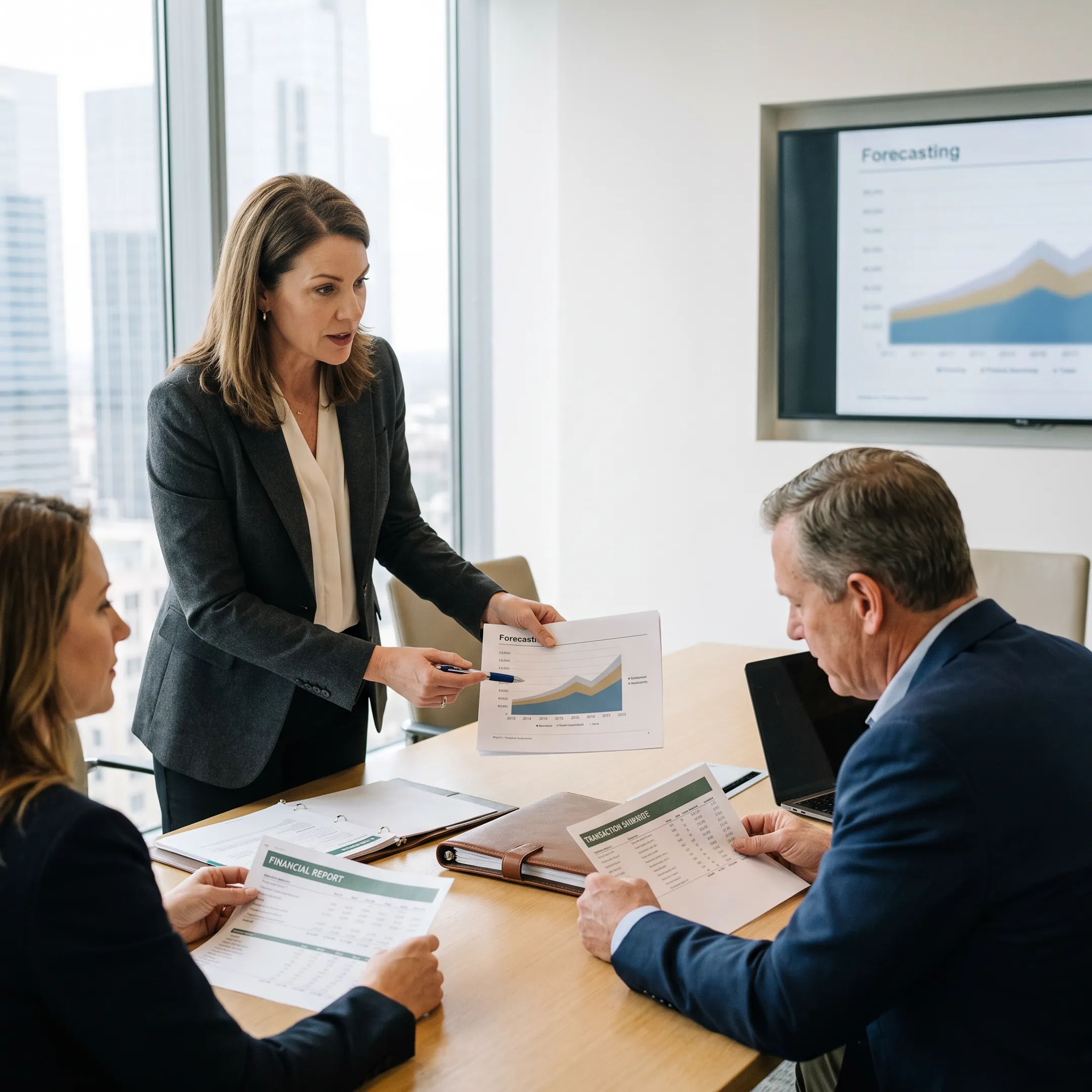 Finance advisor reviewing financial reports with business leaders in a Dallas office
