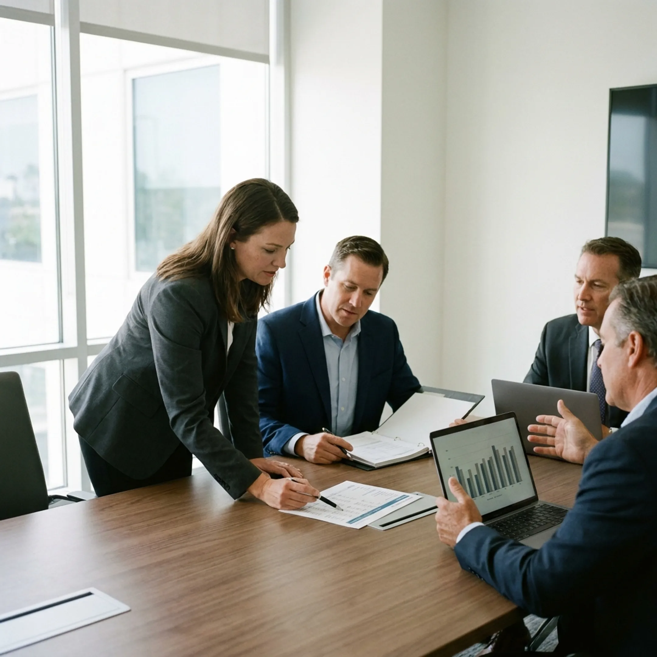 Finance advisers reviewing financial reports with business leaders in a San Diego office