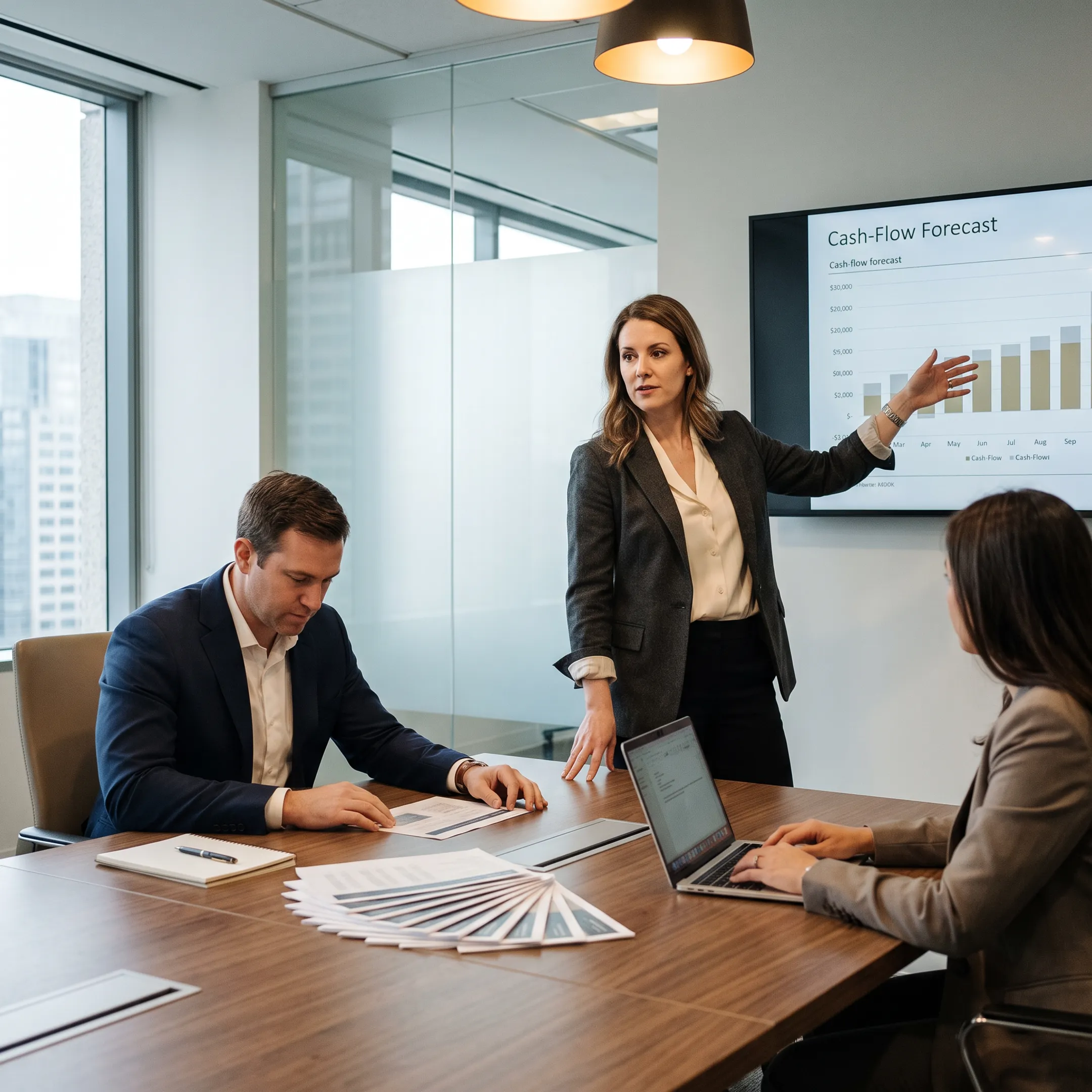 Fractional CFO discussing forecasts and financial strategy with company executives