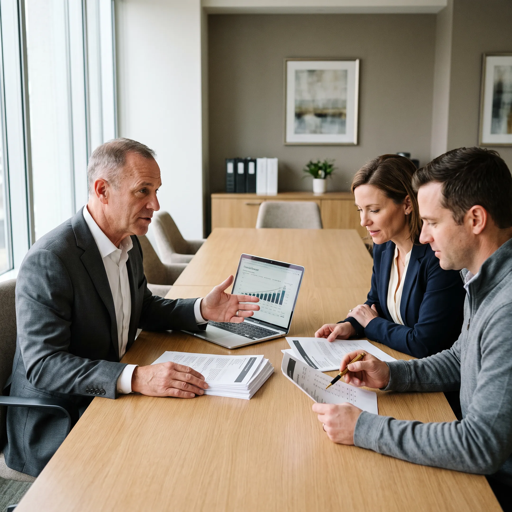 Advisor reviewing financial reports with business leadership during a virtual CFO meeting