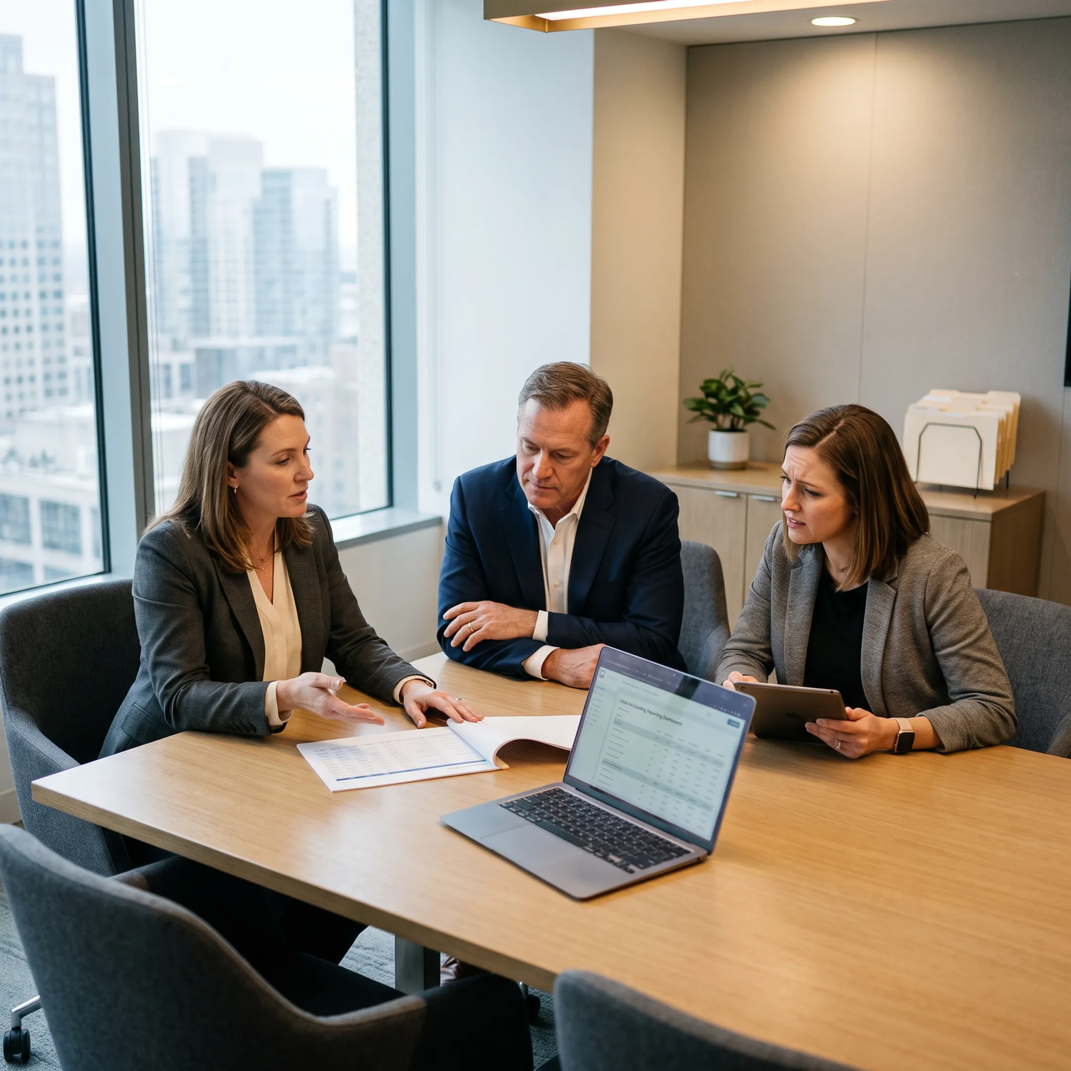Accounting advisor helping a finance team organize lease reporting software