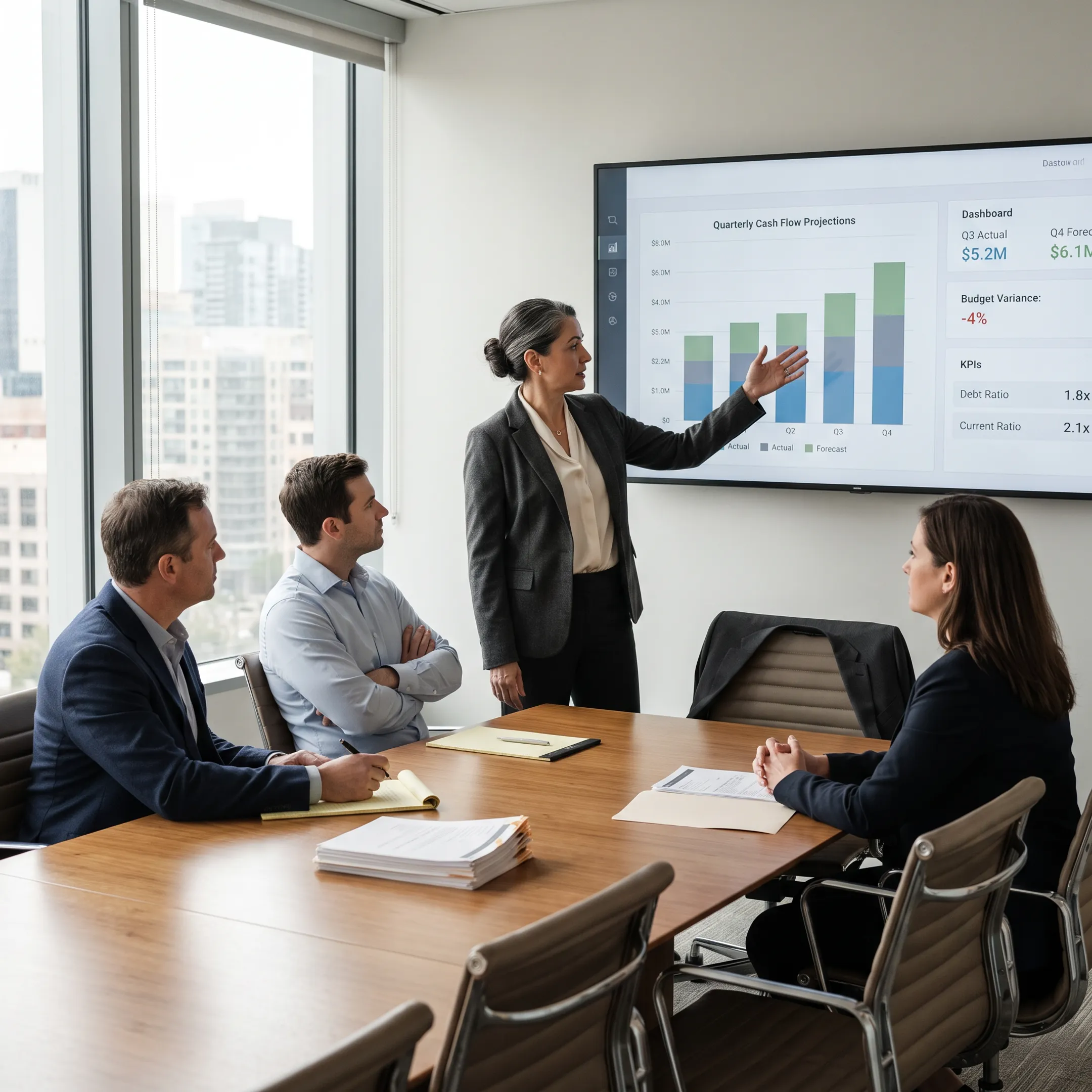 Advisor presenting cash flow scenarios on a financial dashboard
