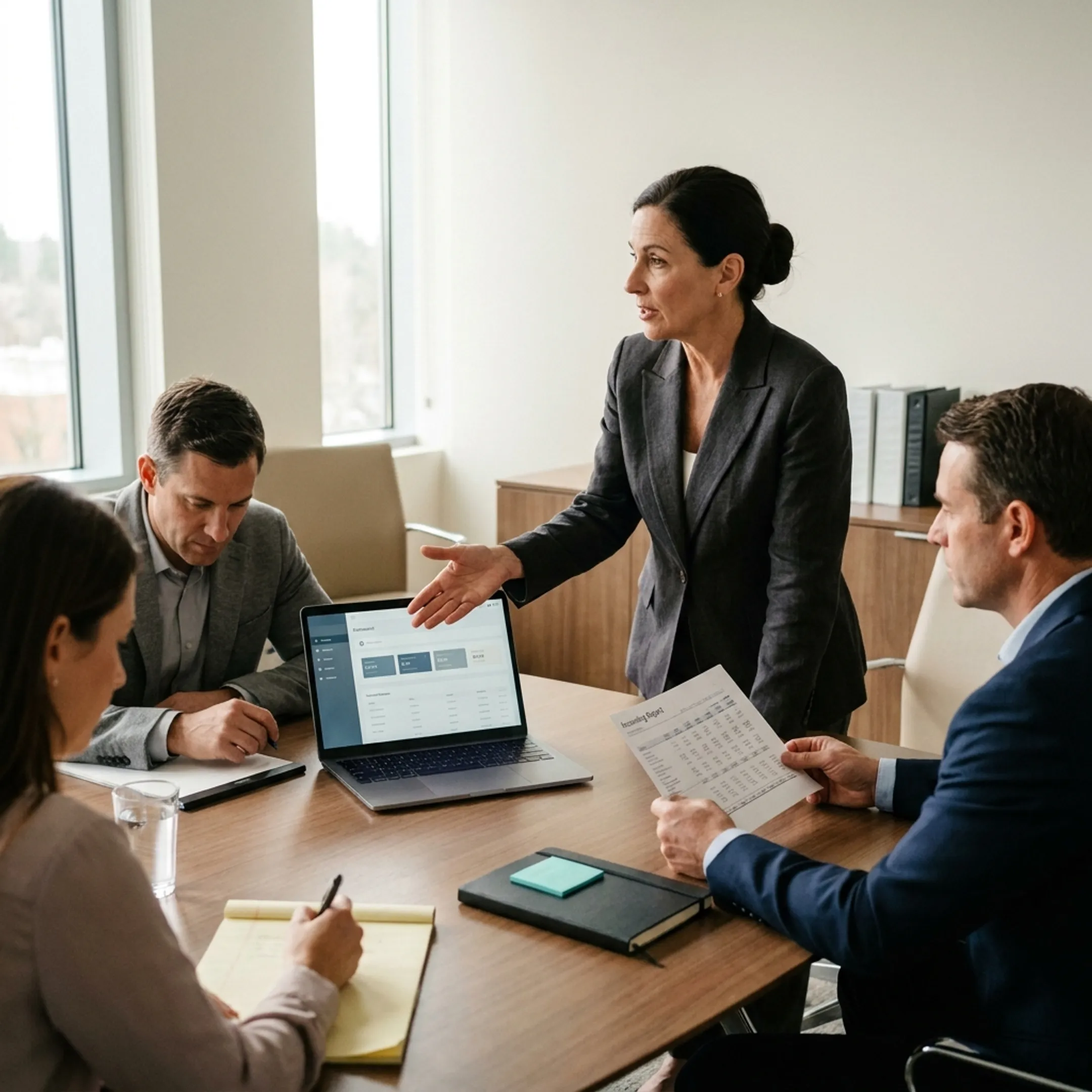Finance leaders reviewing SaaS performance reports with an executive team