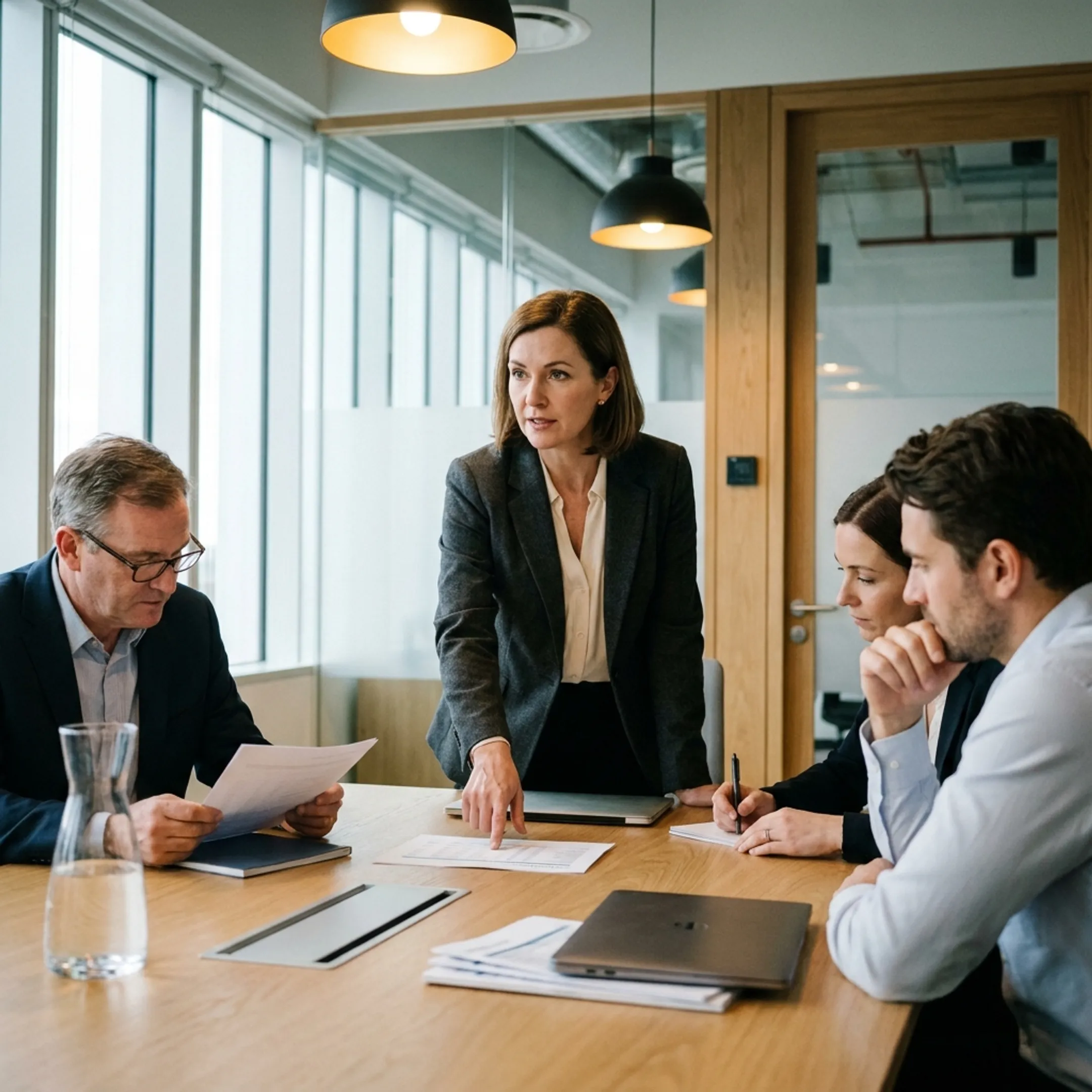 Finance advisor presenting reporting analysis to company executives