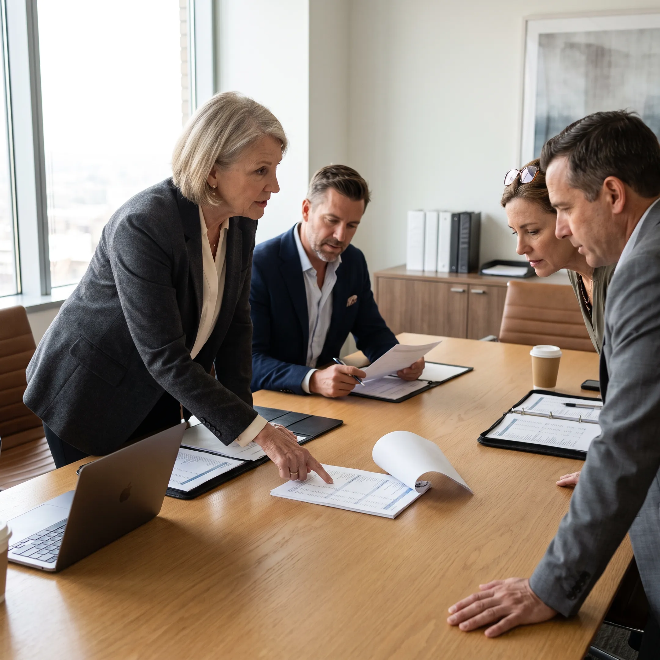 Senior finance advisors reviewing financial reports with a management team