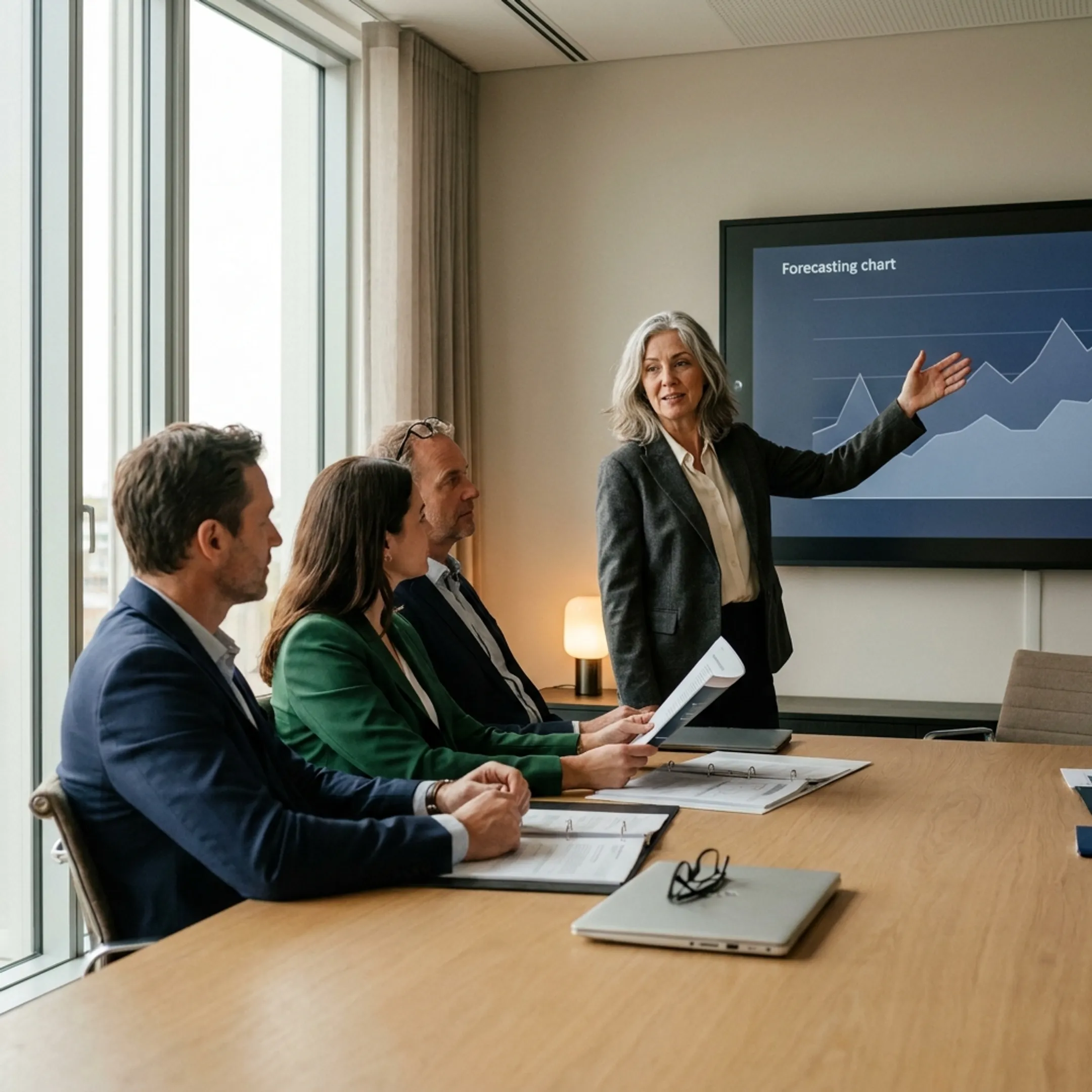 Financial advisor presenting a forecasting dashboard to business executives